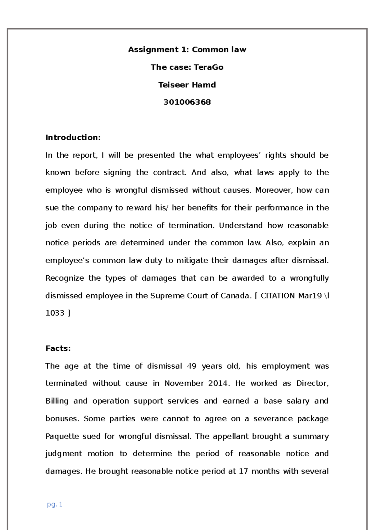 Assignment 1: Common Law on Employment & Labour Law Analysis - Studocu