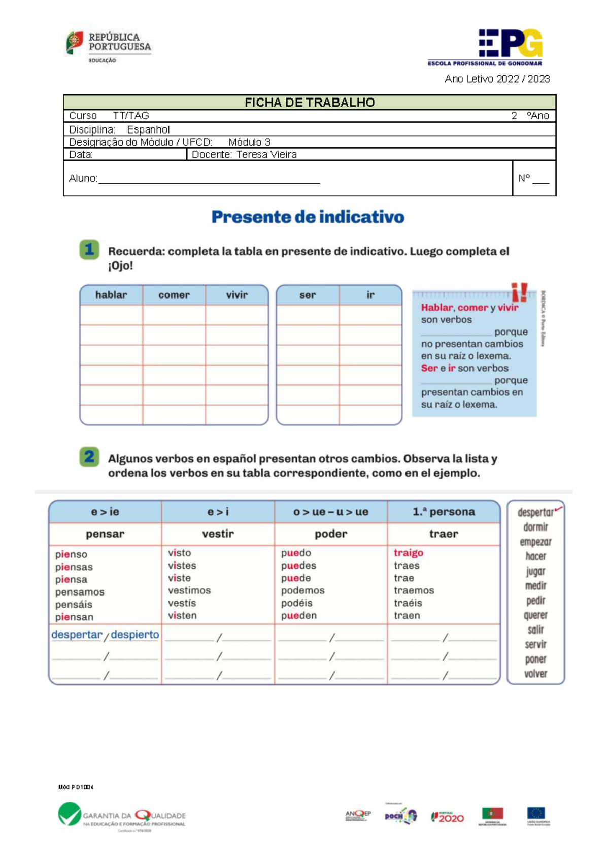 602885715 PD1004 Ficha de Trabalho 2ºano Repaso del presente de ...