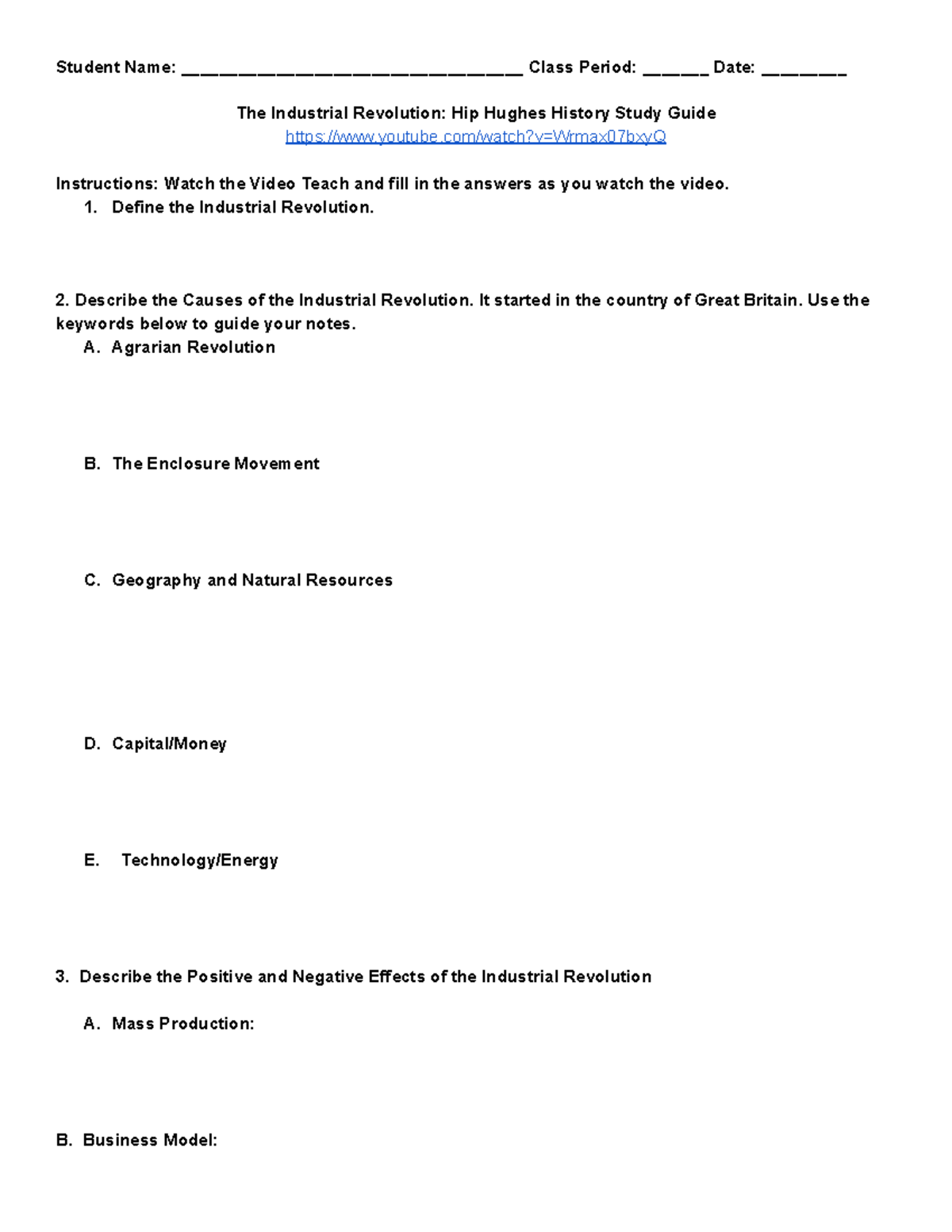 2024 Industrial Revolution Video Teach Study Guide - Student Name ...
