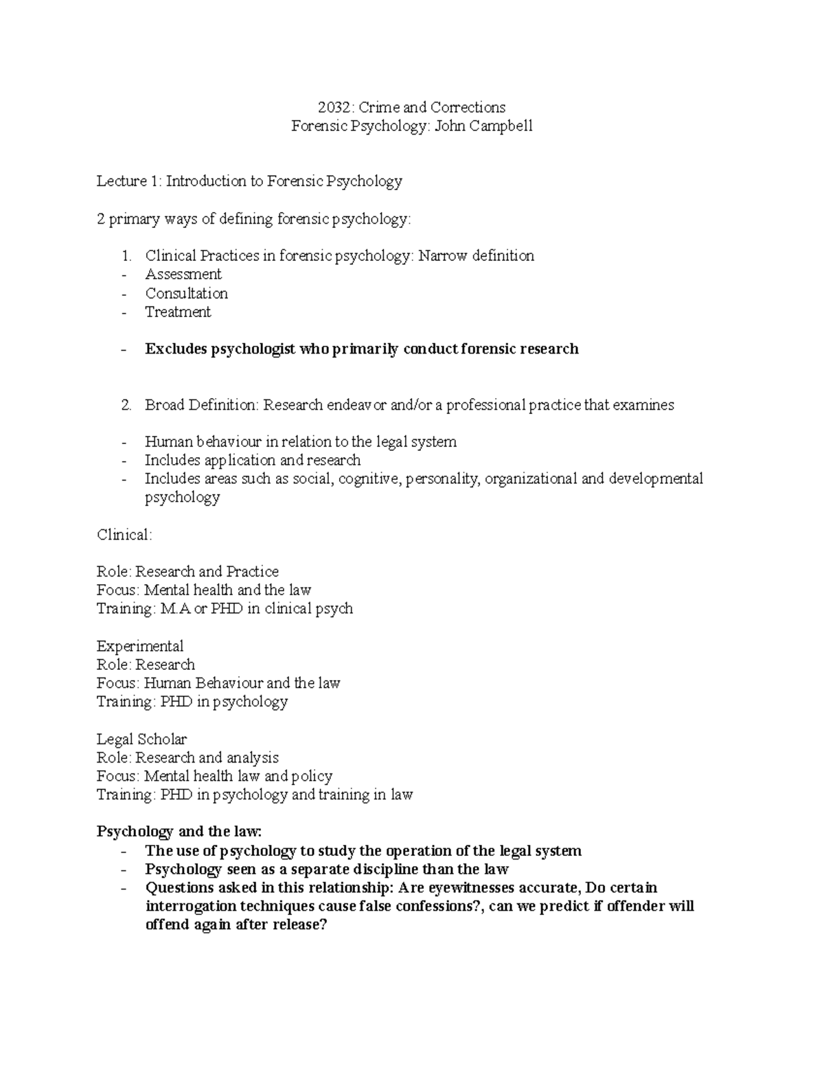 2032 Week 1 Lecture Notes - 2032: Crime and Corrections Forensic ...