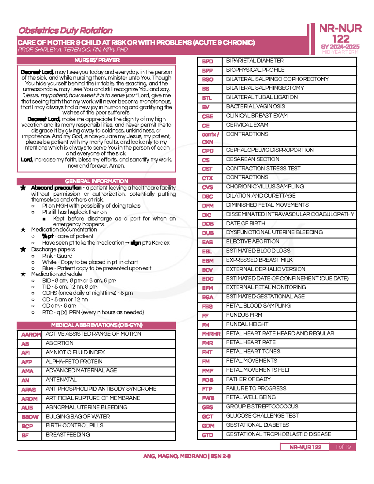 122 Obstetrics Duty Rotation: Care of Mother & Child at Risk - Studocu