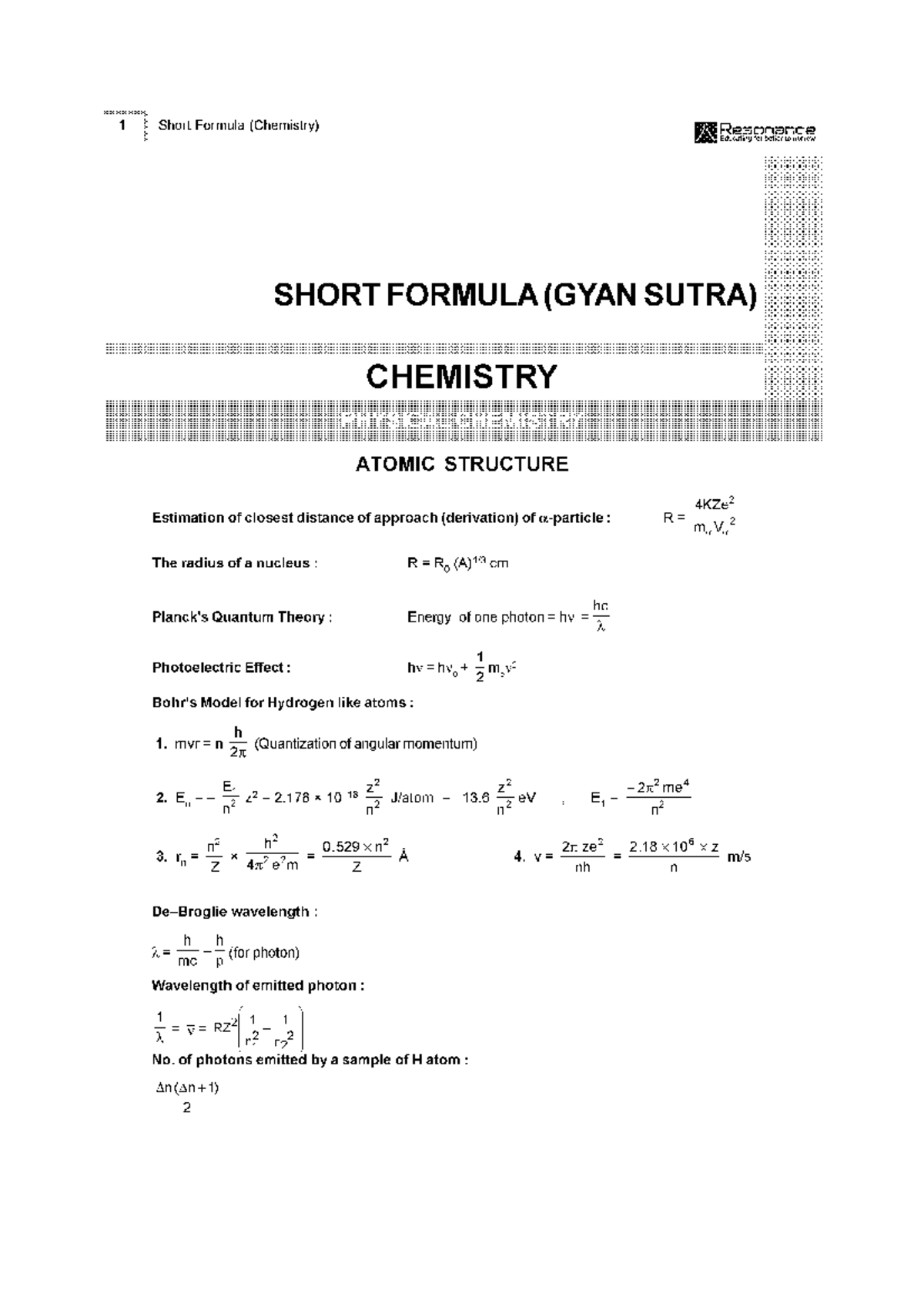 Short Formula Book for Chemistry (11th & 12th) - Comprehensive Guide ...
