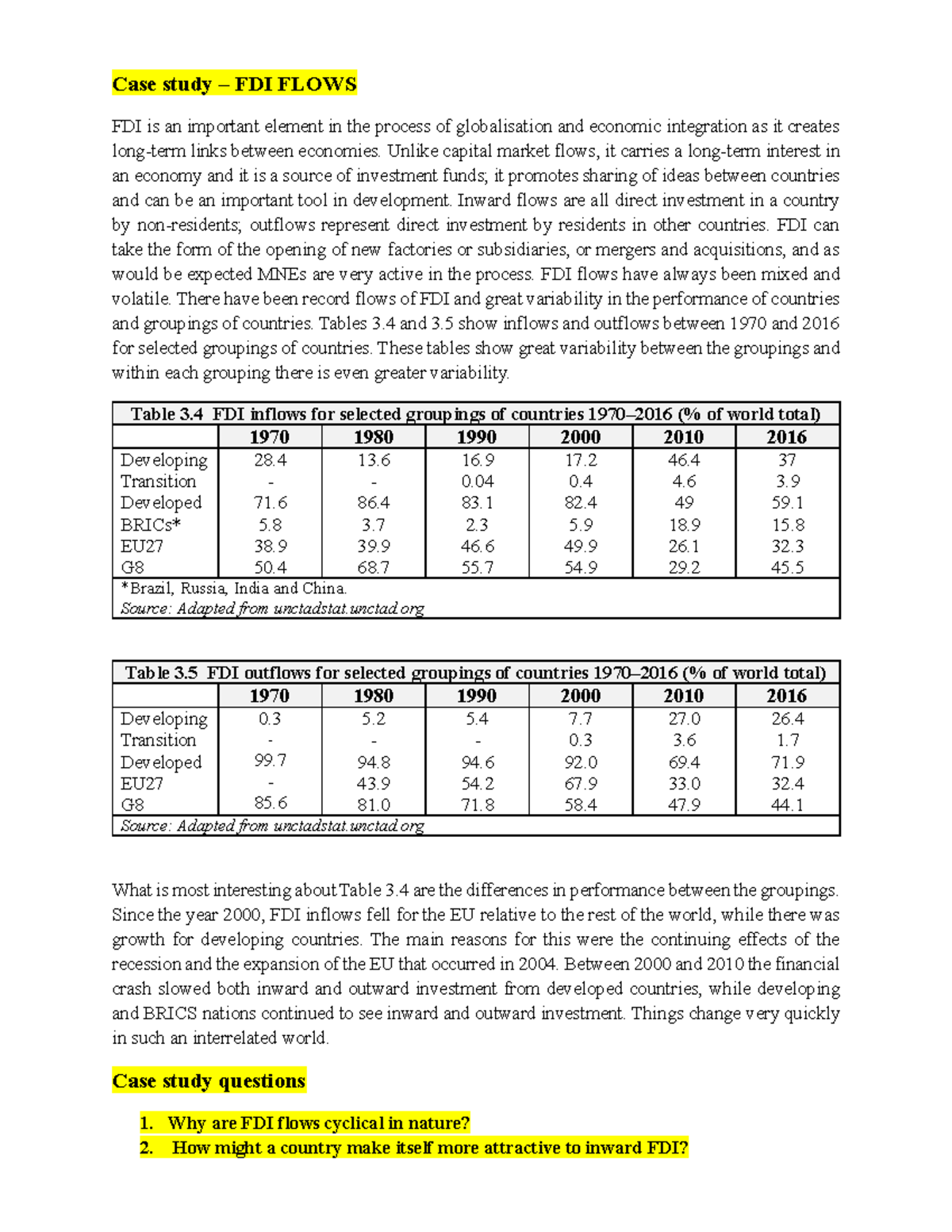 S1- Case study- FDI Flows - Case study – FDI FLOWS FDI is an important ...