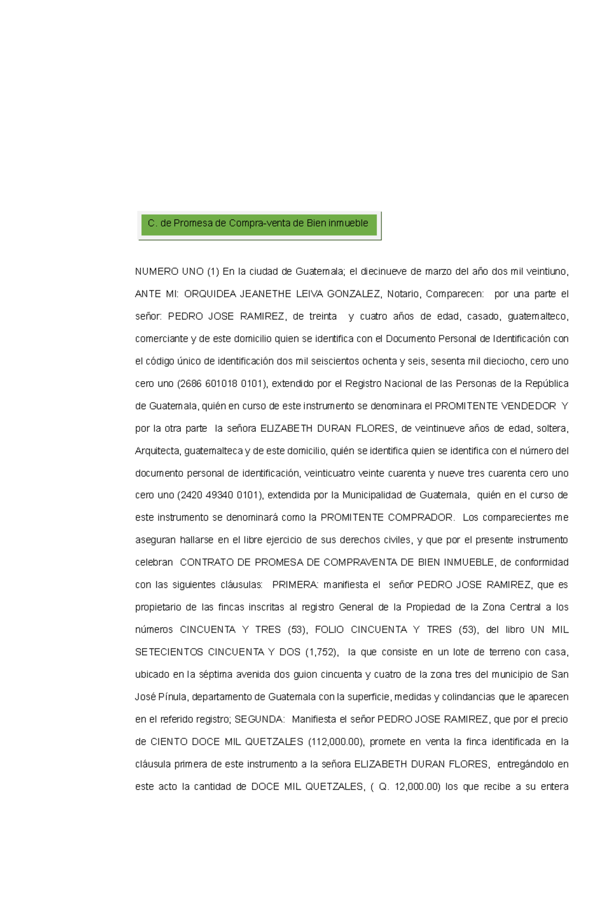 Contrato de Promesa de Compraventa de Bien Inmueble en Guatemala - Document Preview