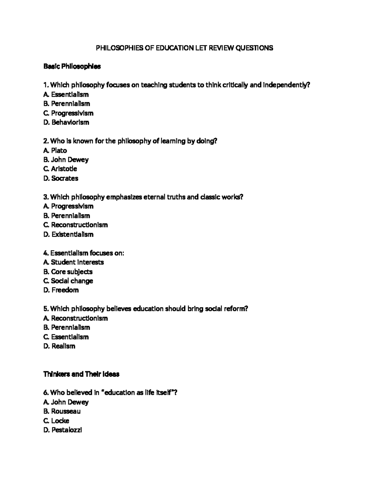 PHIL 101: Philosophies of Education Review - 30 Q&A Guide - Studocu