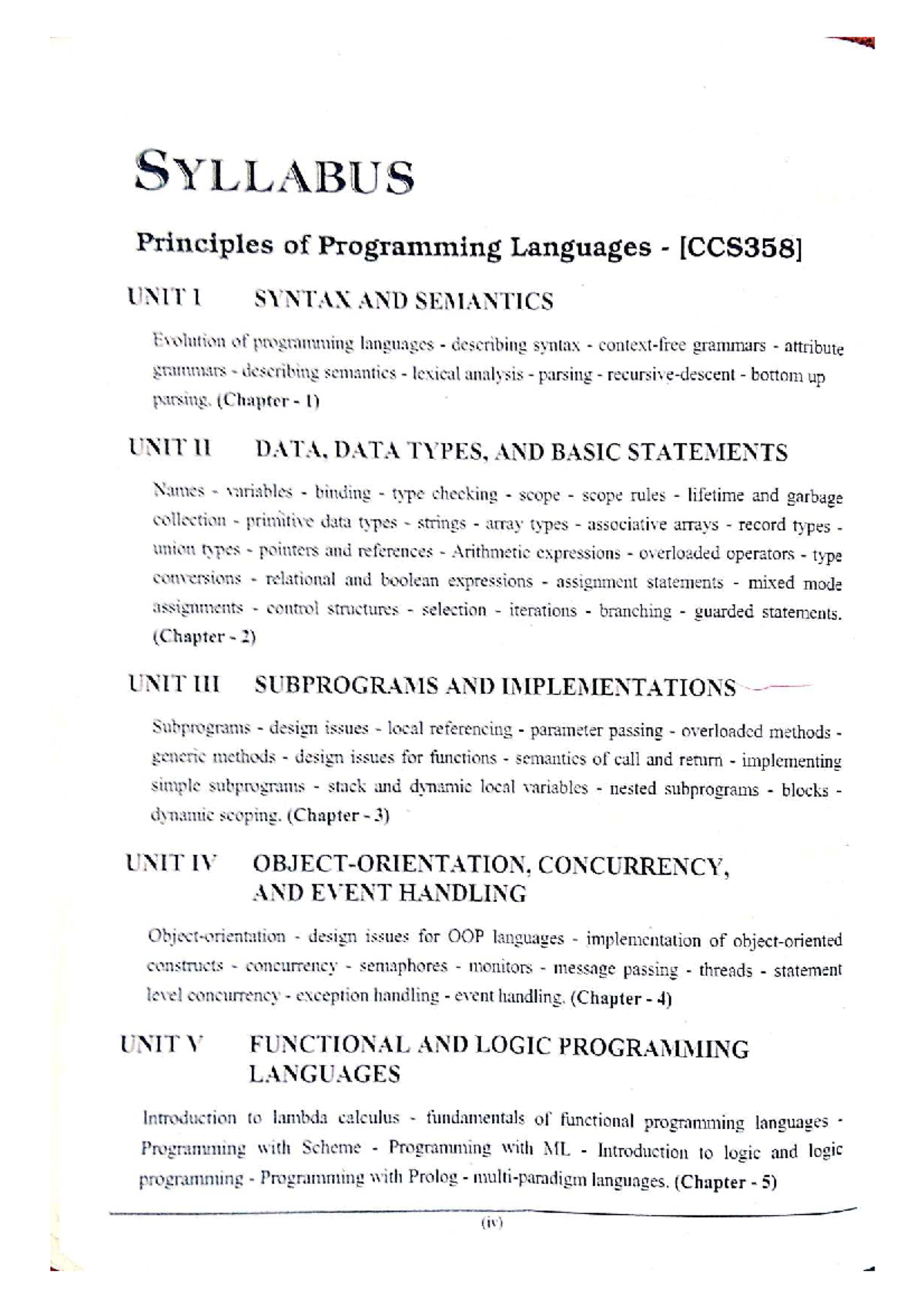 CCS358 Principles of Programming Languages Syllabus and Chapters ...
