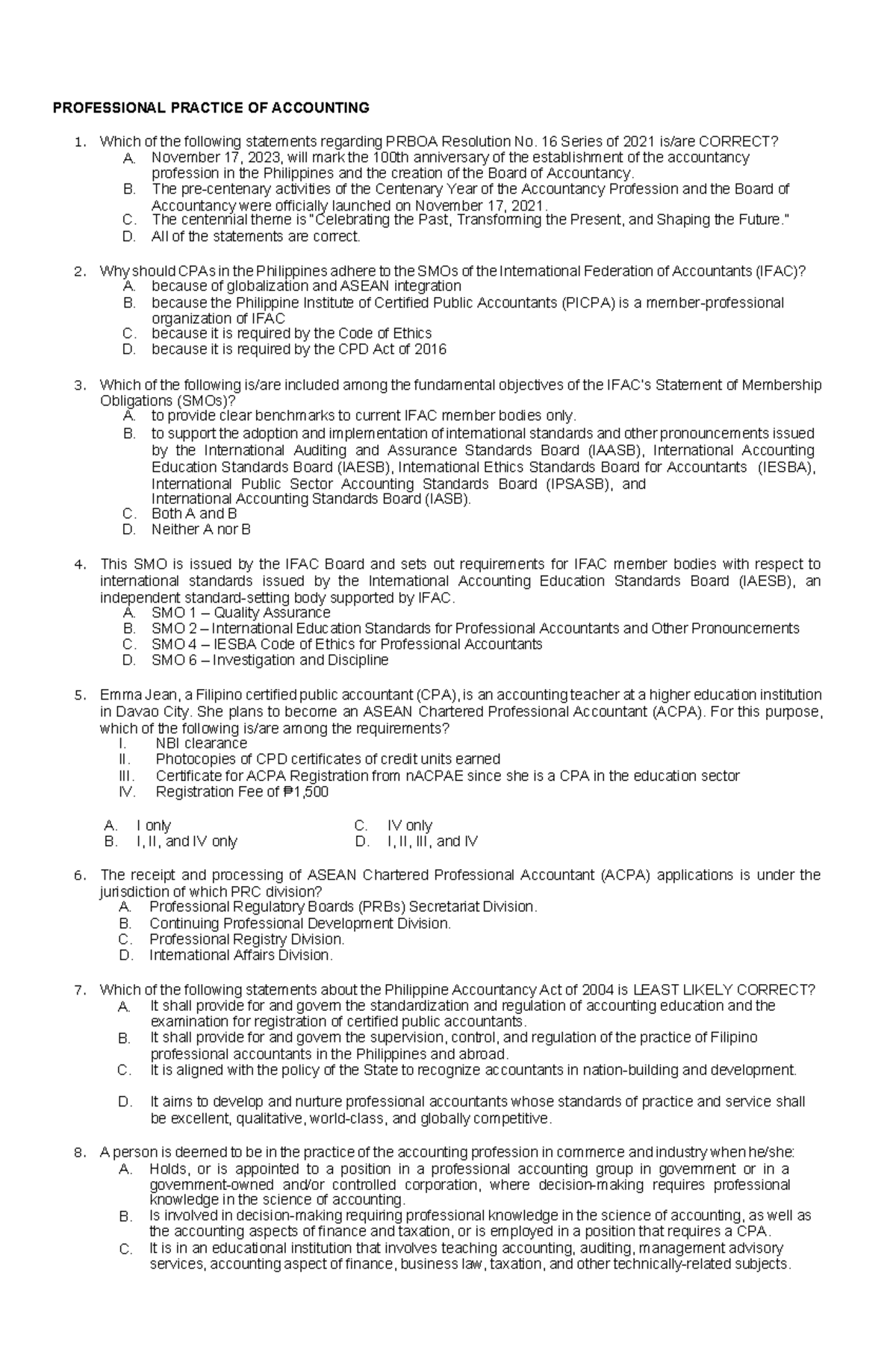 PROFESSIONAL PRACTICE OF ACCOUNTING 1: Questionnaire Insights - Studocu