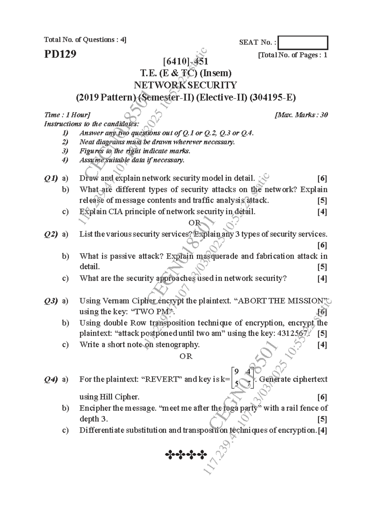 Network Security (NS 25) In-Sem Exam Questions and Instructions - Studocu