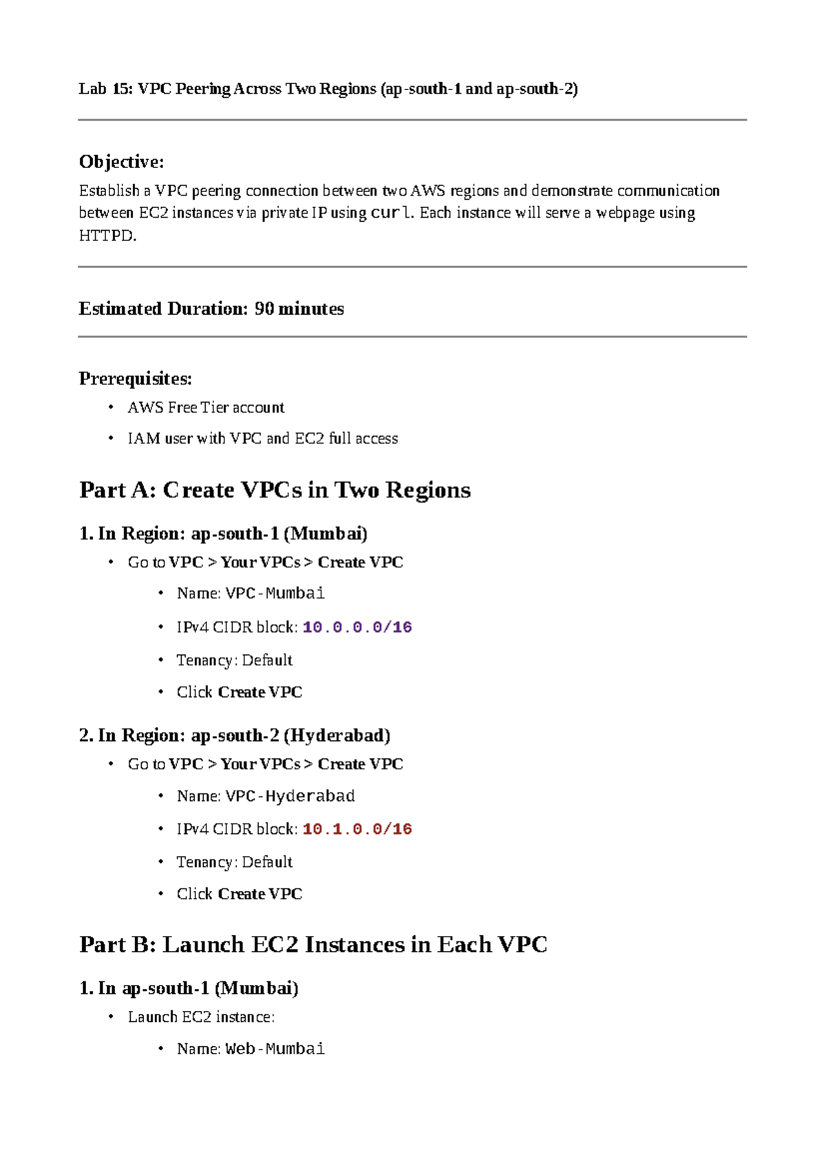 Lab 15: VPC Peering Setup Between AWS Regions - Studocu