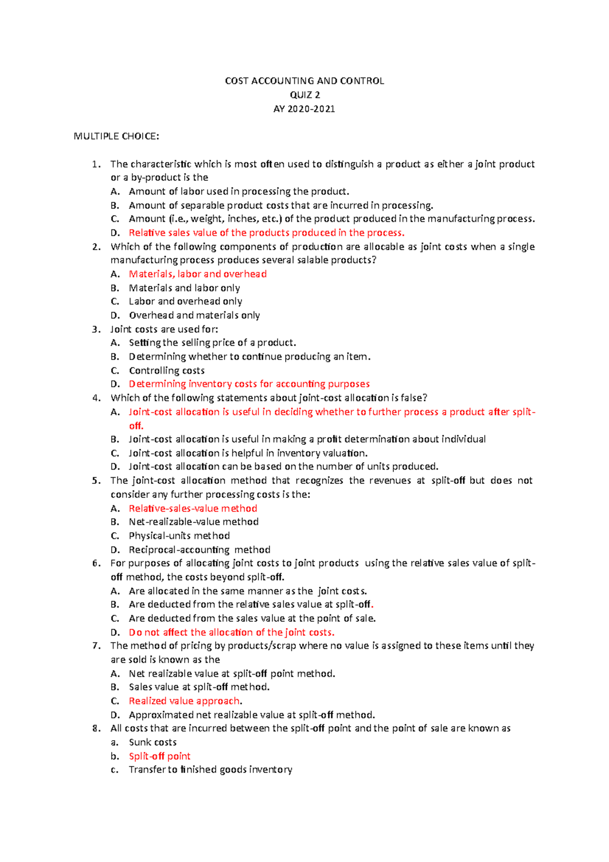 Final Quiz 2: Cost Accounting & Control (AY 2020) - Studocu