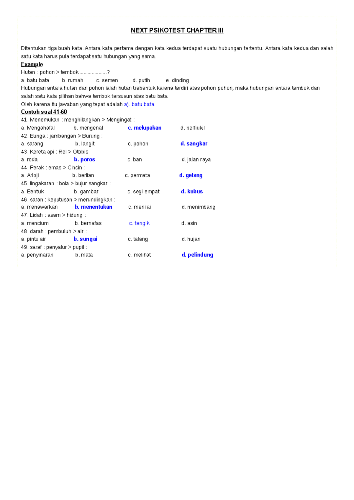 Psikotest Soal Latihan dan Contoh Jawaban - PSIKO 101 - Document Preview