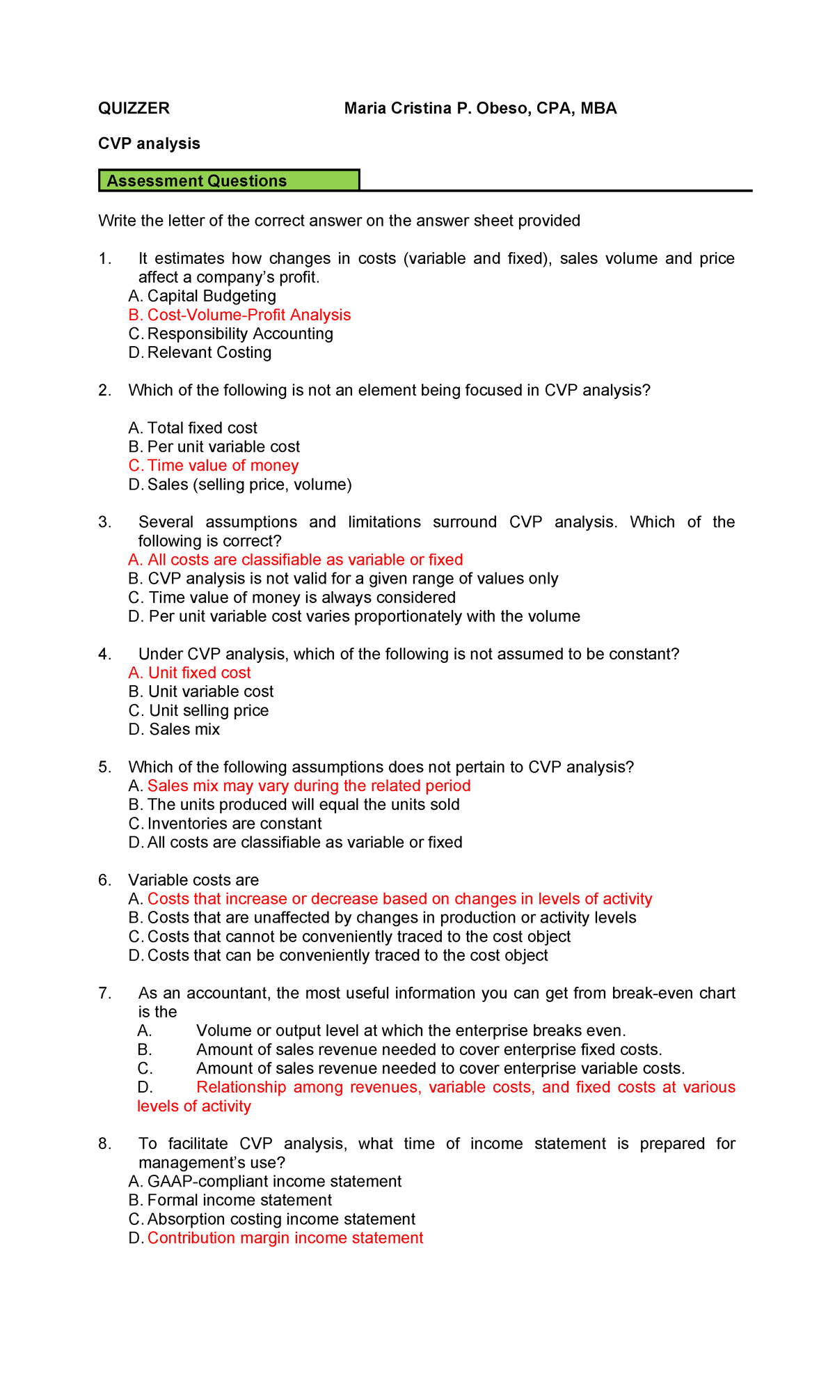 CVP Analysis Quiz - CVP101 - Studocu