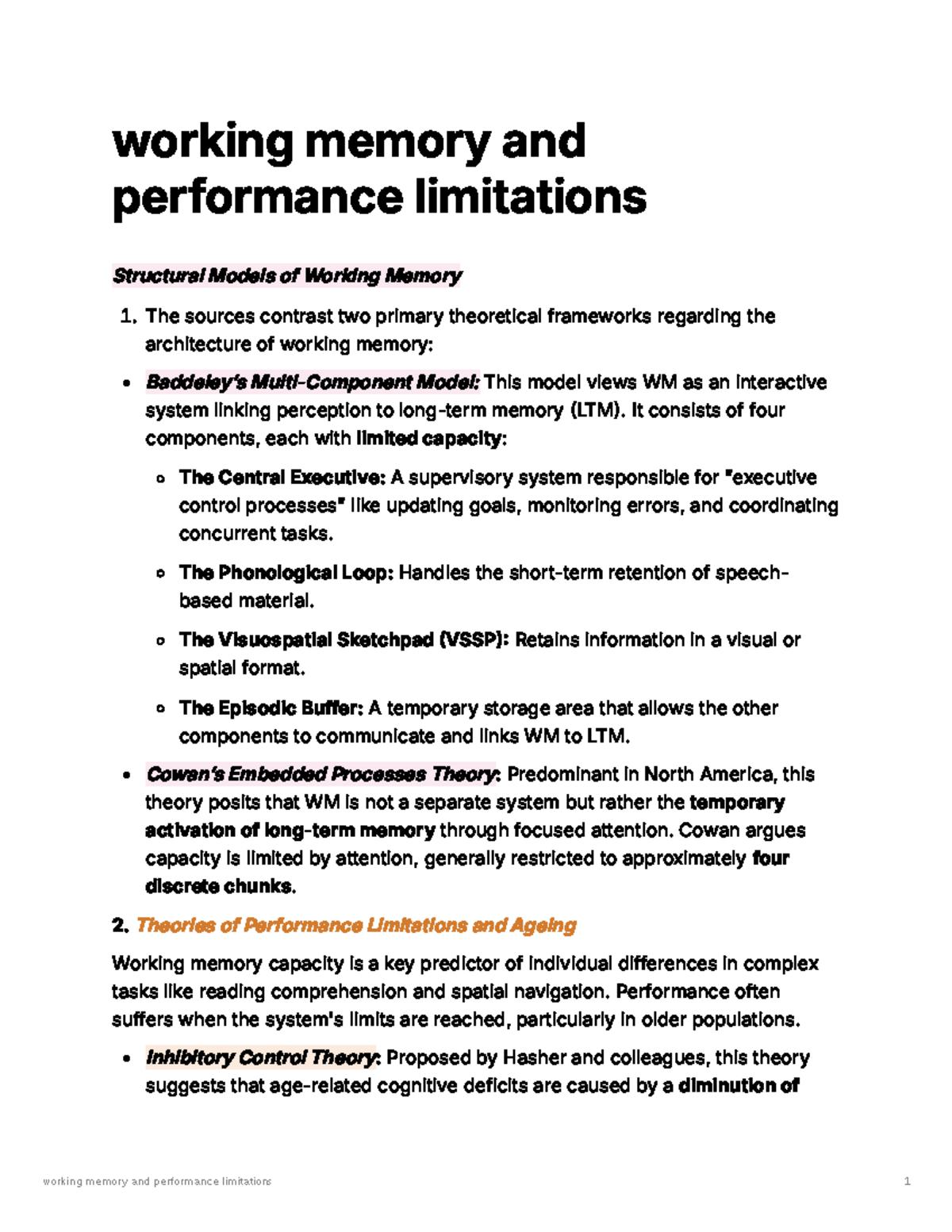 Working Memory & Performance Limitations: Theoretical Models and ...