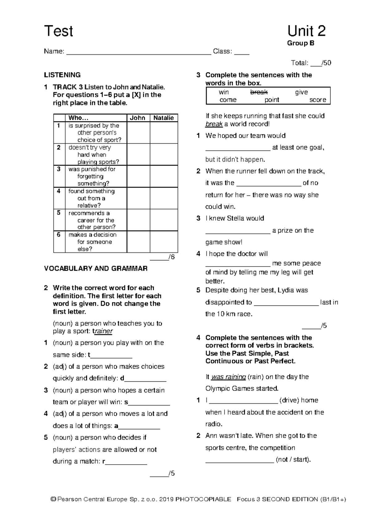 Focus 3 2E Unit 2 Listening and Vocabulary Test - Group B - Studocu
