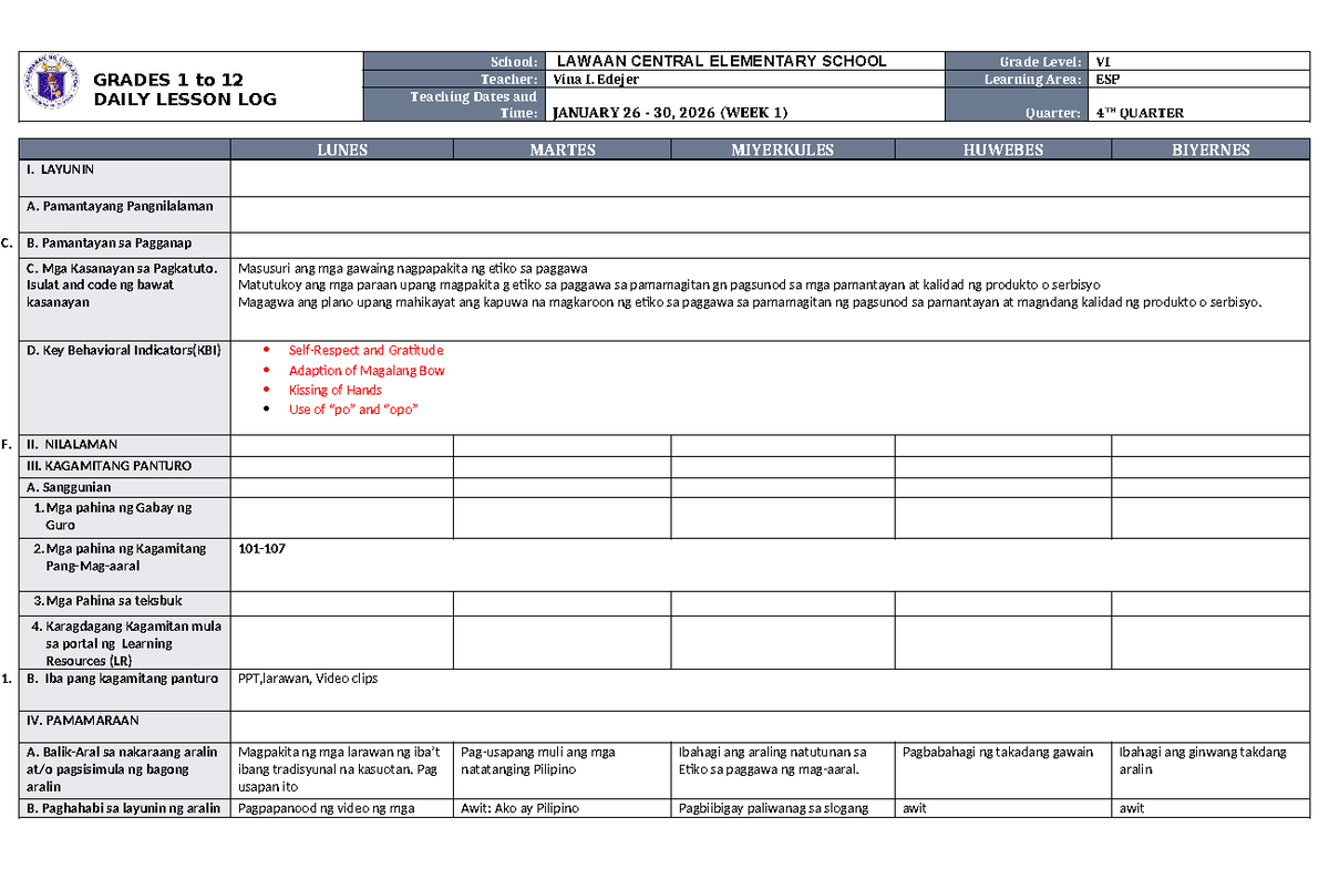 DTC DLL ESP 6 Q4 W1: Daily Lesson Log for Grades 1-12 - Studocu