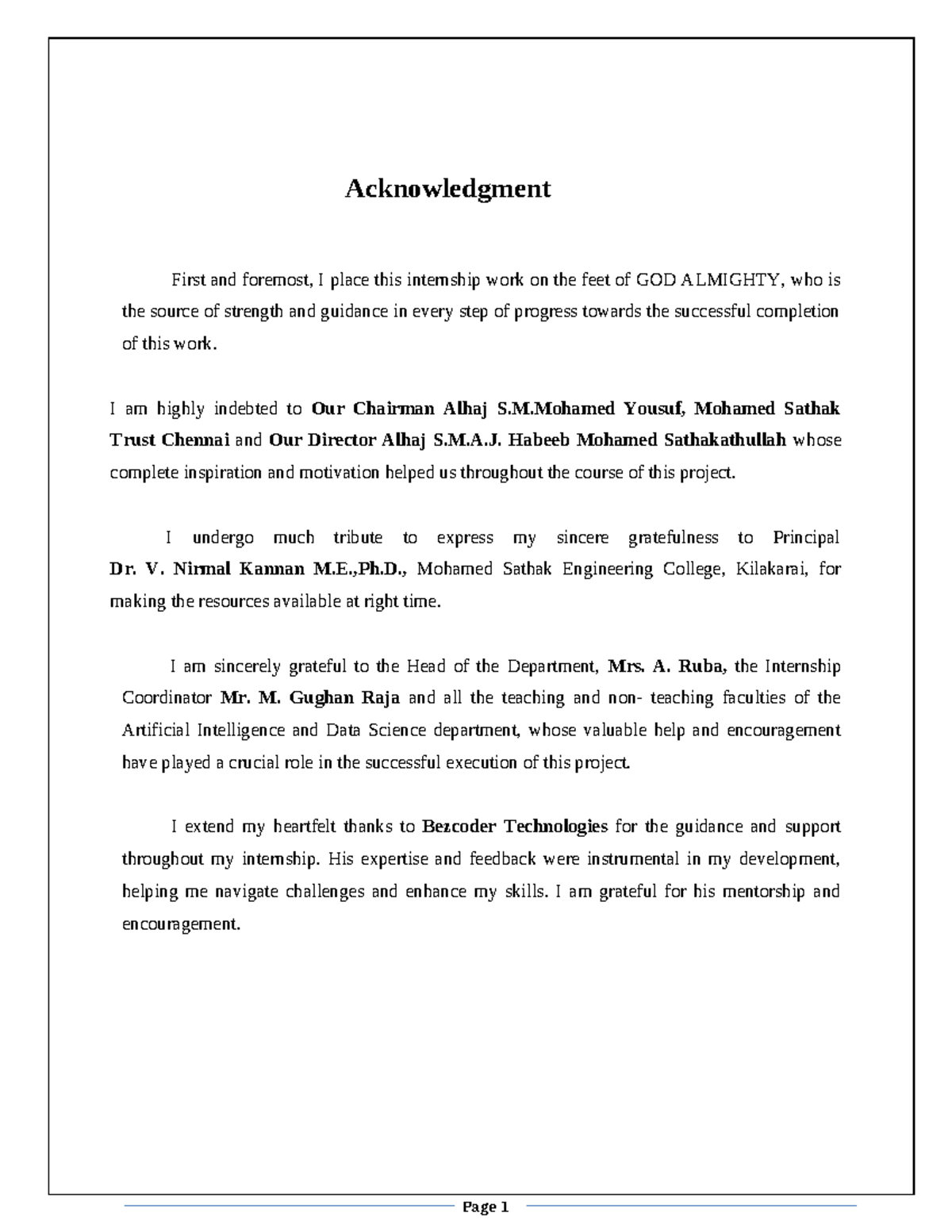 Acknowledgment of Internship Support - AI & Data Science - Studocu