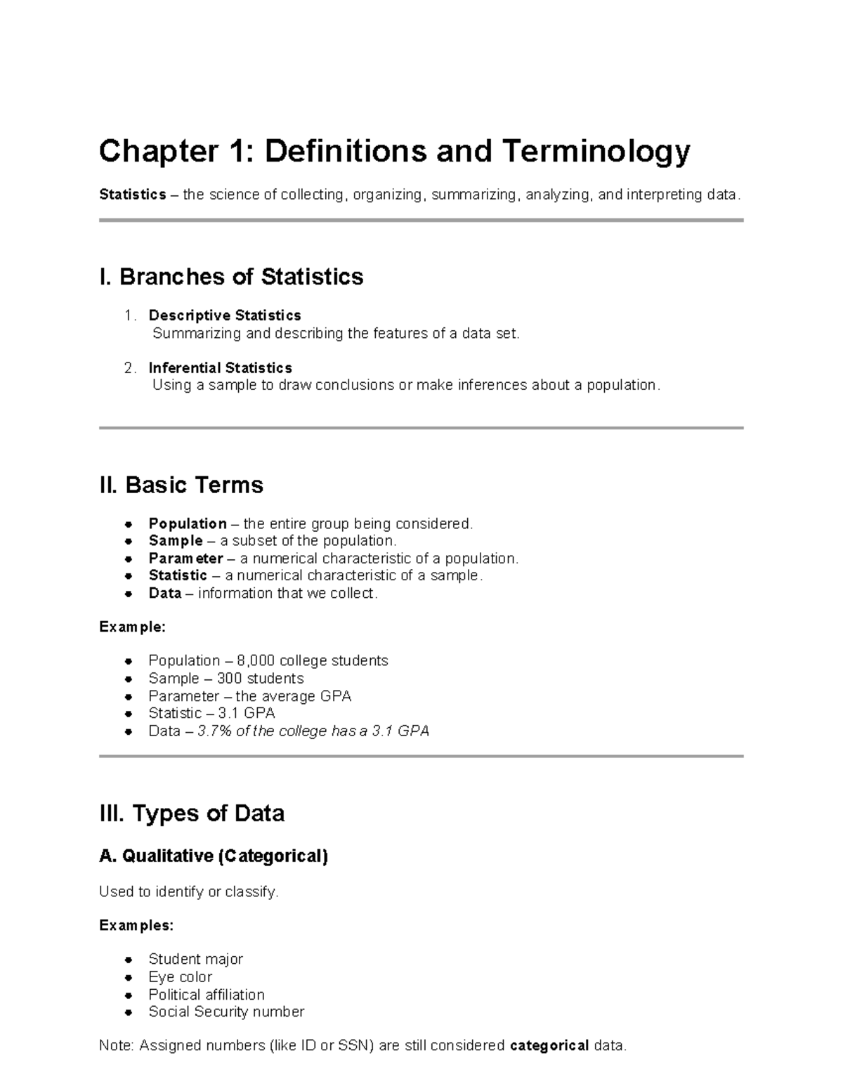Statistics 101: Chapter 1 - Definitions & Terminology Notes - Studocu