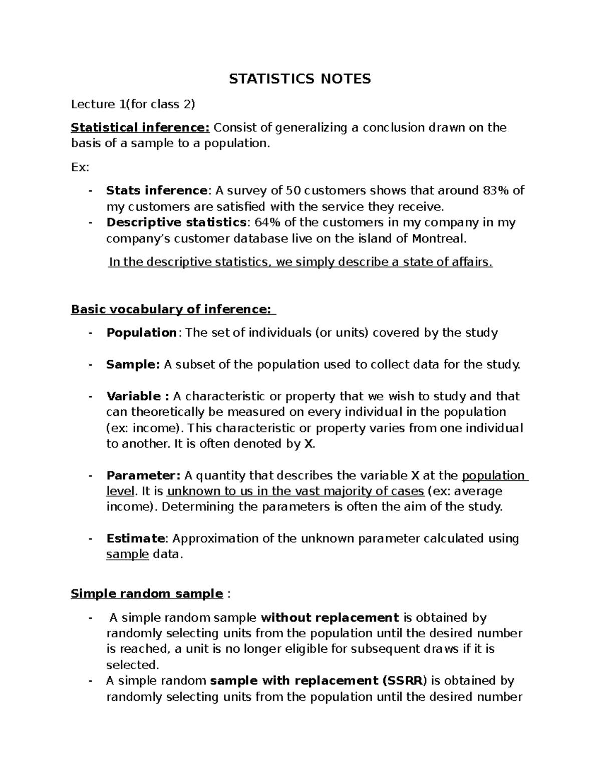 STATISTICS NOTES STAT 101 Lecture 1: Statistical Inference & Sampling ...