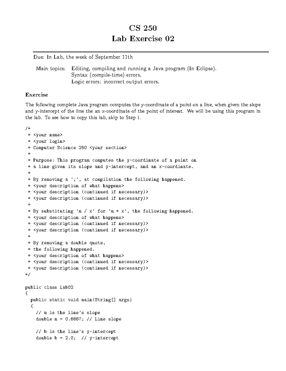 CS 250 Lab 2: Editing and Running Java Programs in Eclipse - Studocu