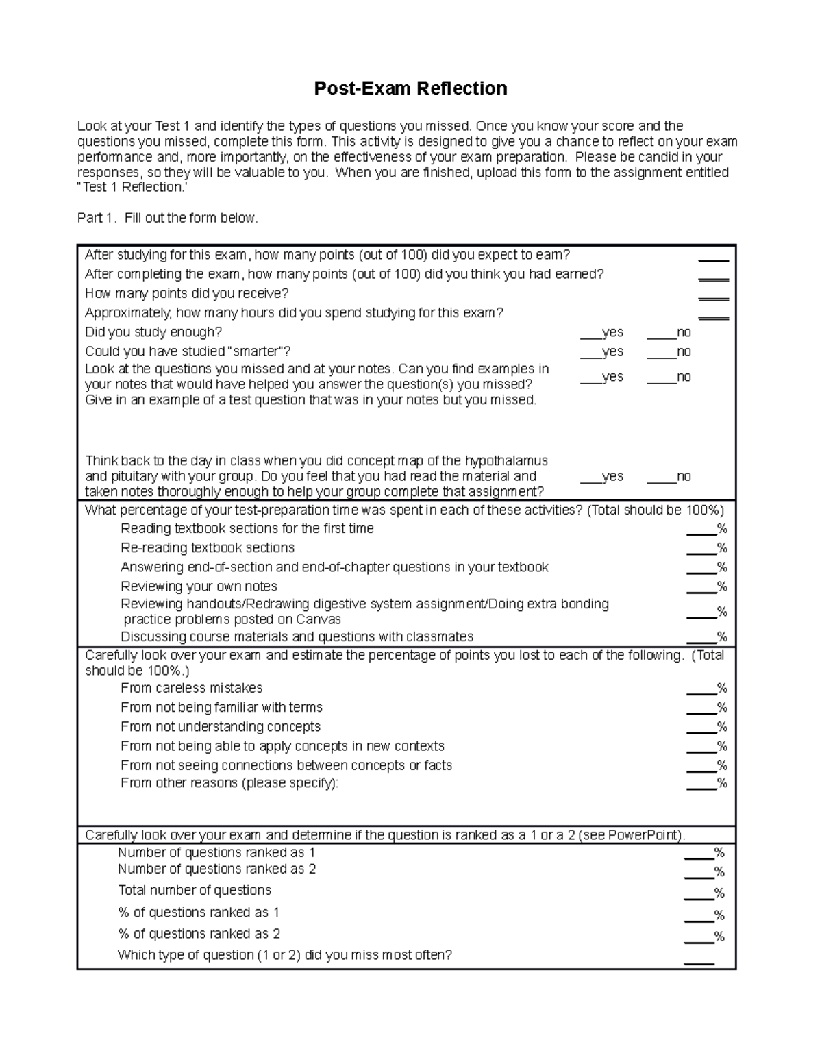 Test 1 Reflection-1 - relect - Post-Exam Reflection Look at your Test 1 ...
