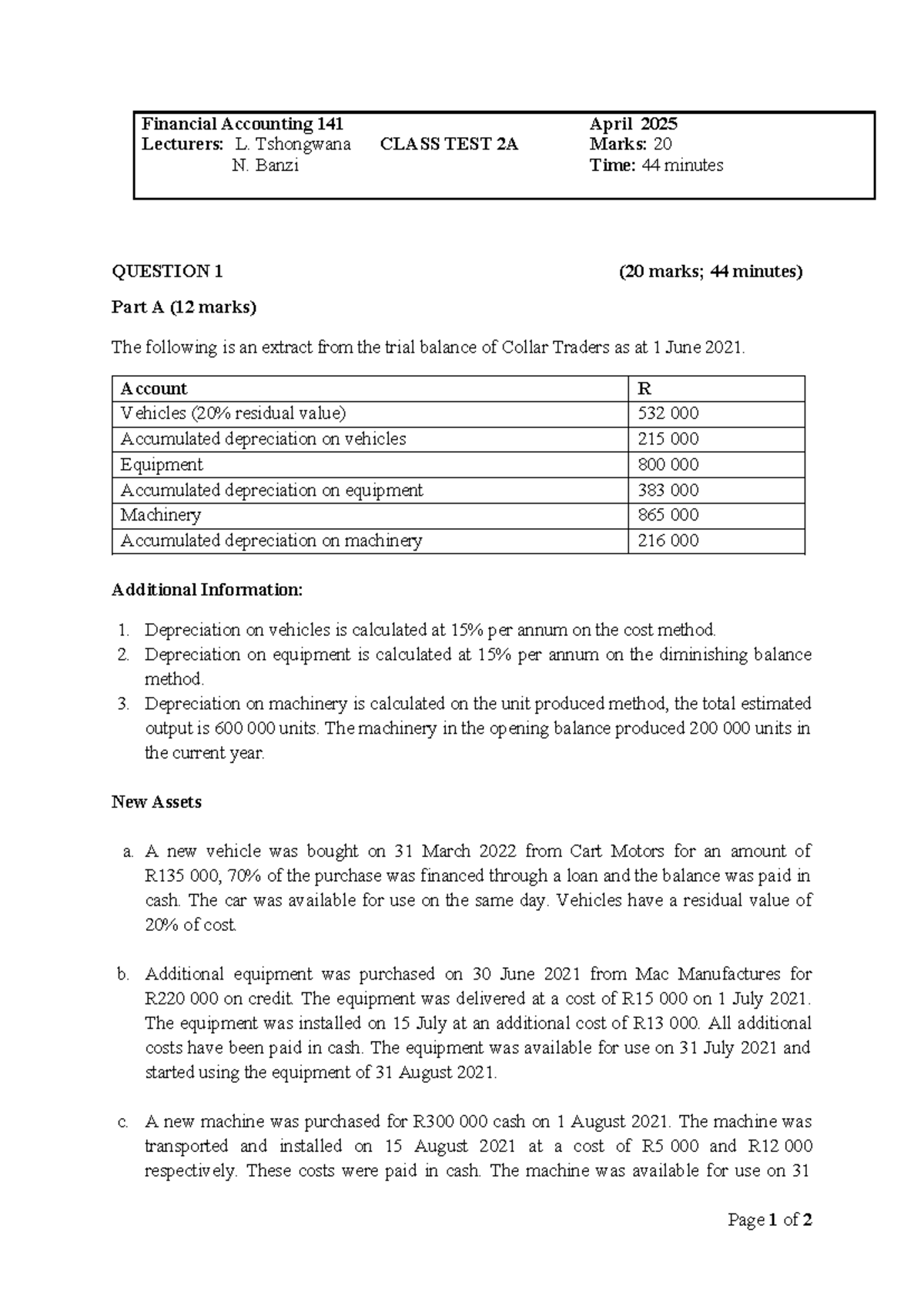 FIA 141 Class Test 2A: Financial Accounting Concepts & Depreciation ...