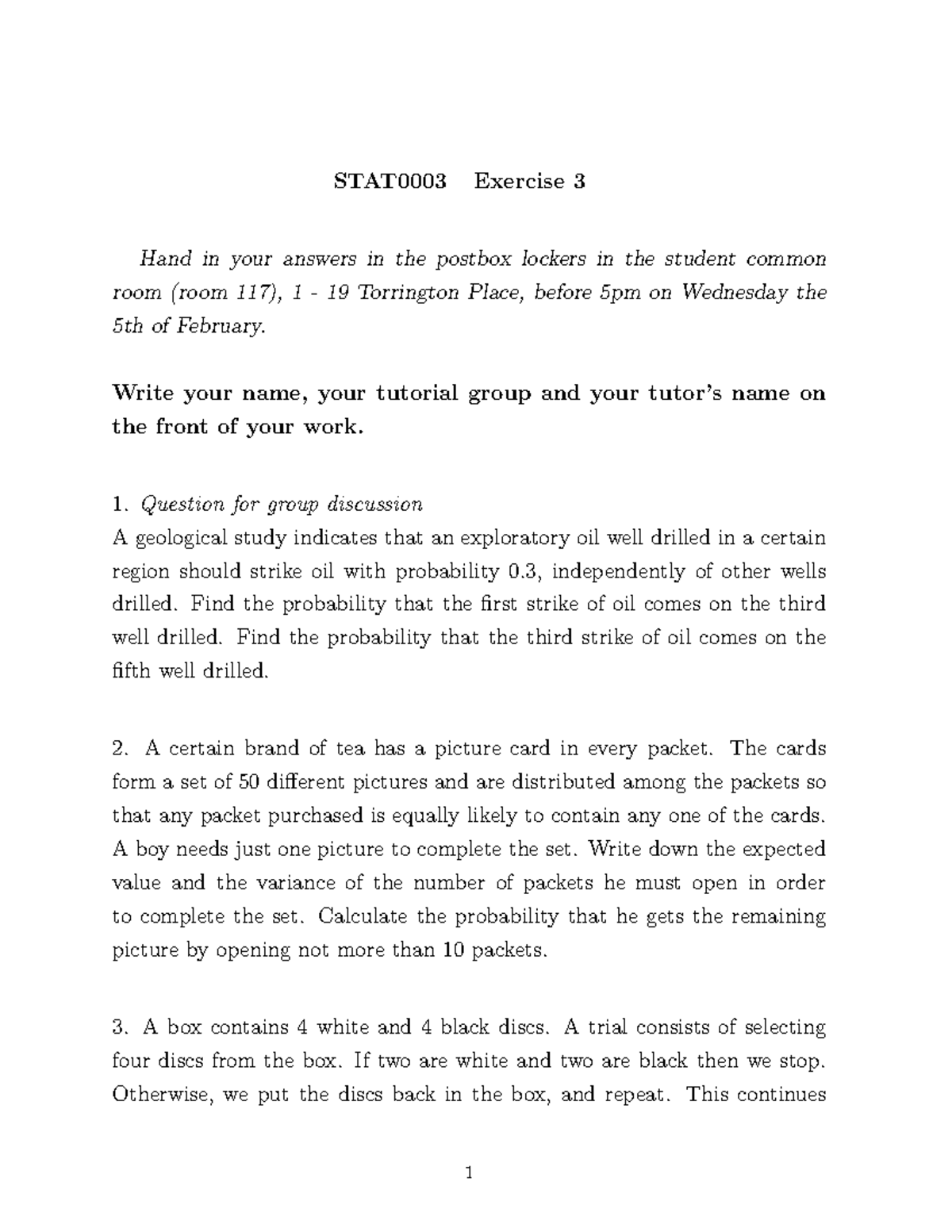 STAT0003 Exercise 3 - Probability and Statistics Problems - Studocu