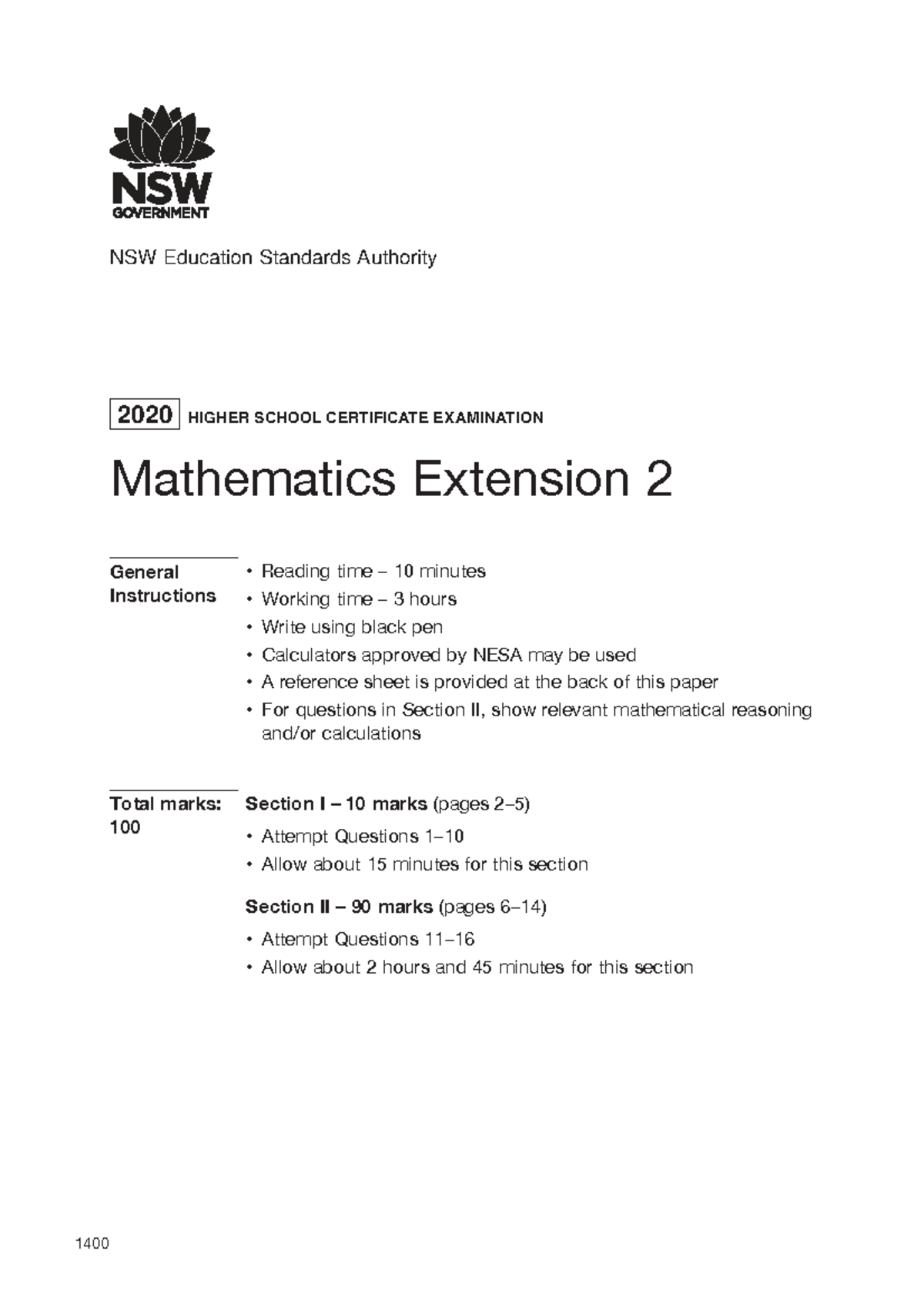 2020 HSC Mathematics Extension 2 Exam Paper - Studocu