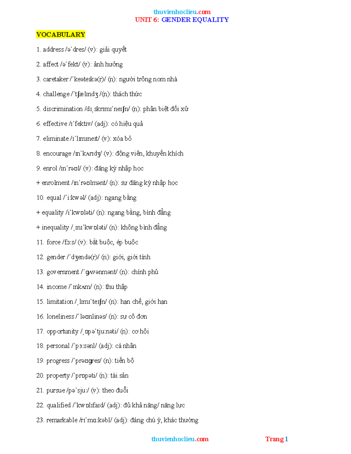 Gender Equality: Vocabulary and Grammar Notes for TA 10 Unit 6 - Studocu