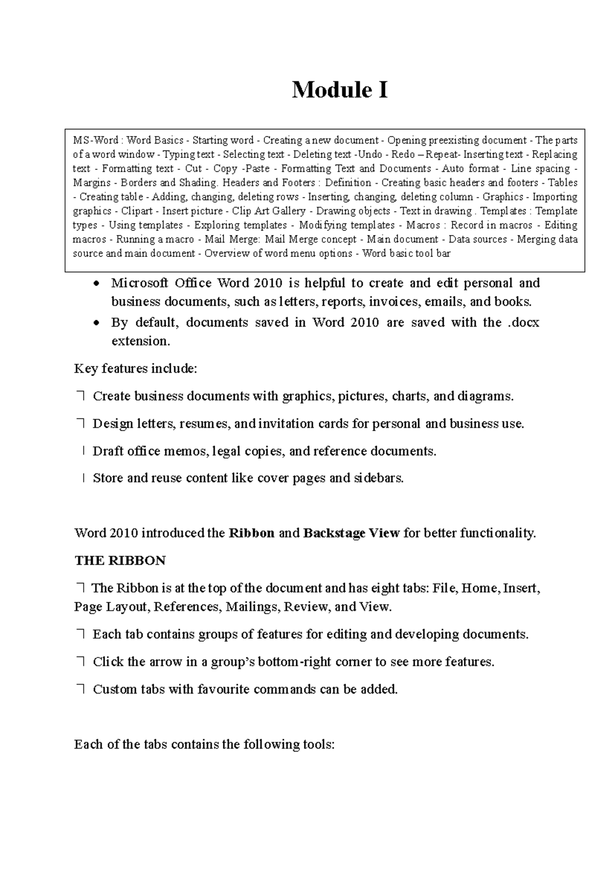 Module one - office automation and tools - Module I MS Word • MS-Word ...