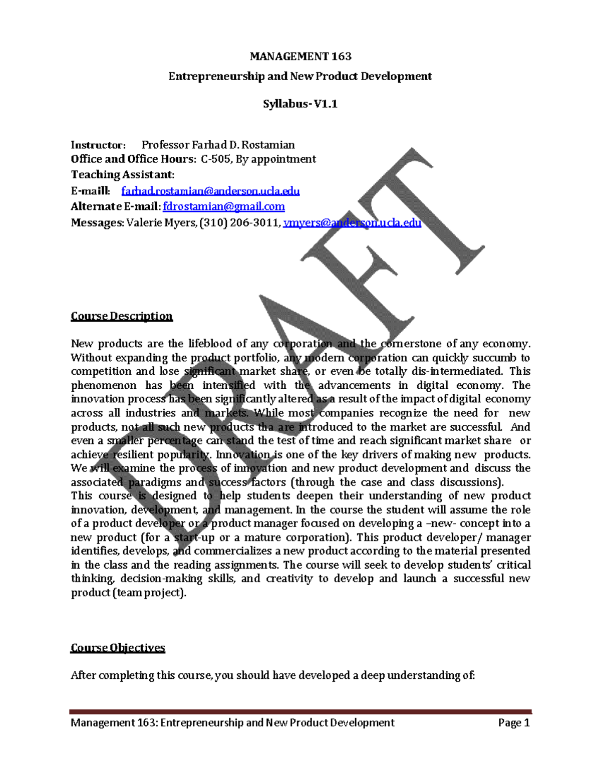 Management 163: Syllabus for Entrepreneurship & New Product Development ...