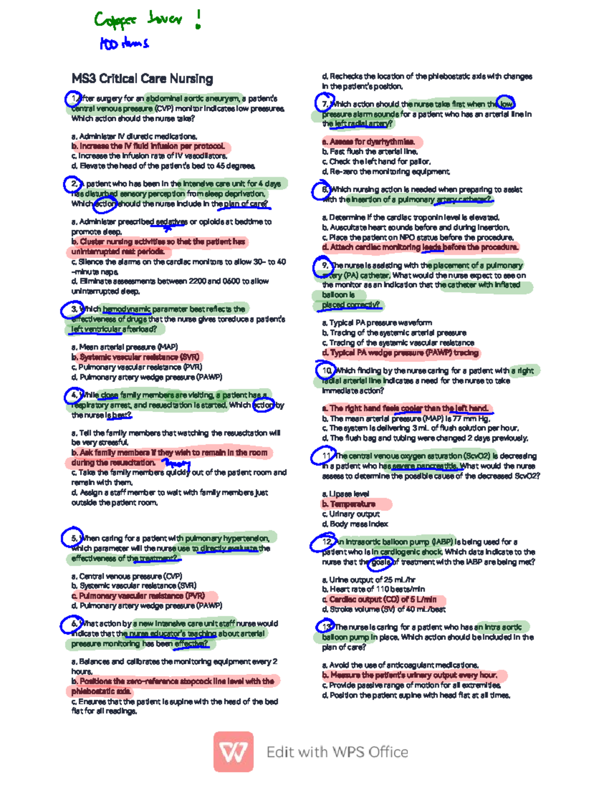 MS3 Critical Care Nursing: CCN Q-1,2,3,4 & 7 Review Notes - Studocu