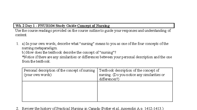 Wk 2 Day 1 PNUR104 Study Guide: Concepts & Theorists in Nursing - Studocu