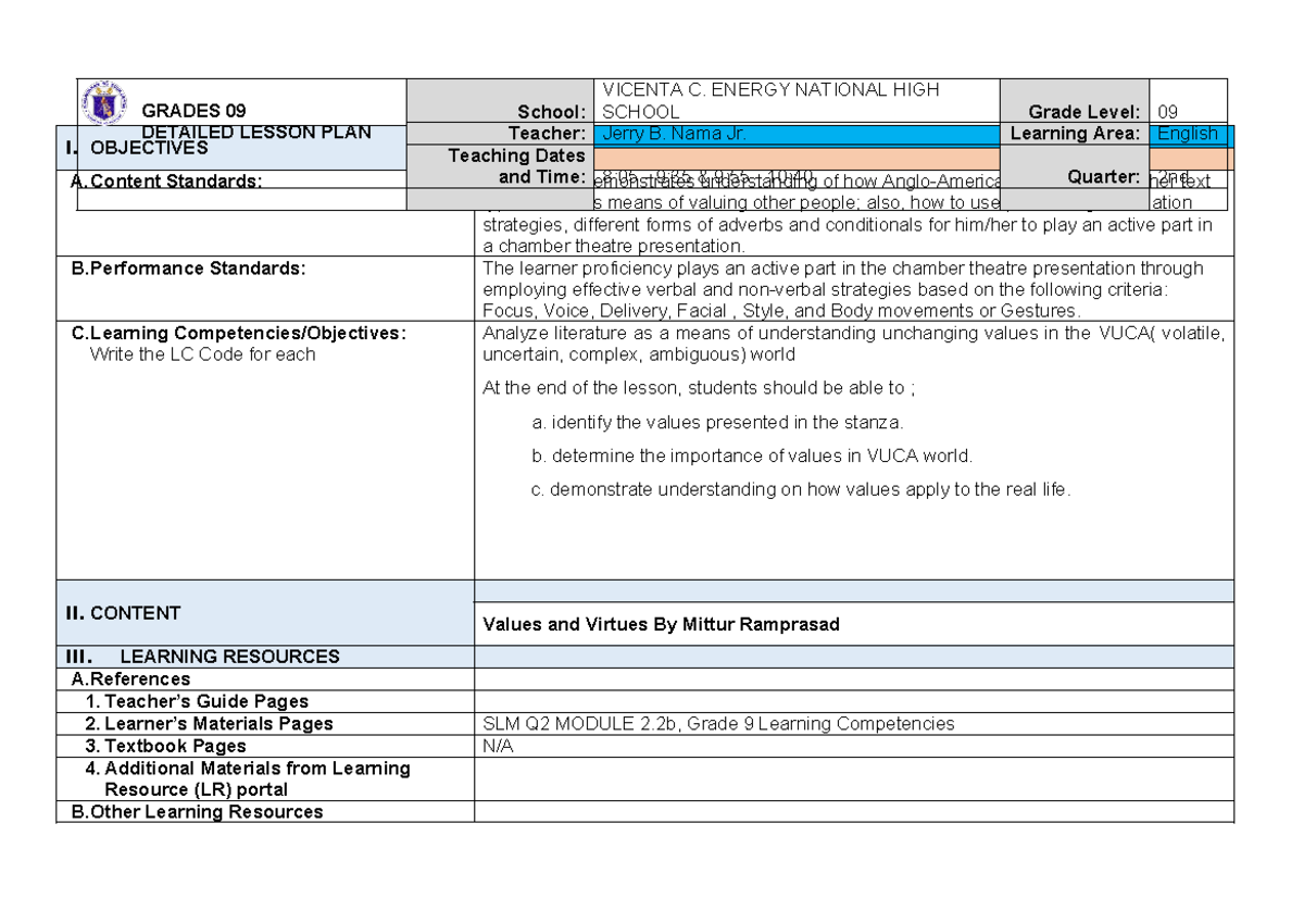 Detailed Lesson Plan (DLP) for English 9: Values and Virtues ...