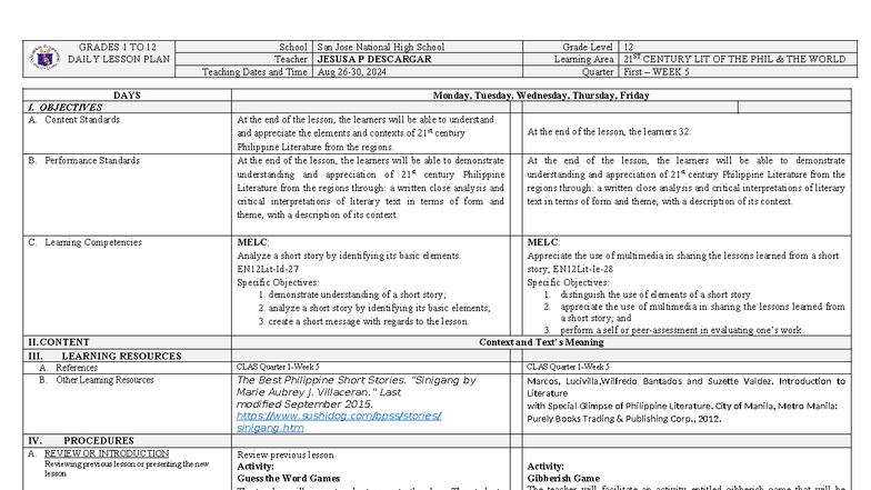 21ST CENTURY LIT GRADE 12 DAILY LESSON PLAN - WEEK 5 - Studocu