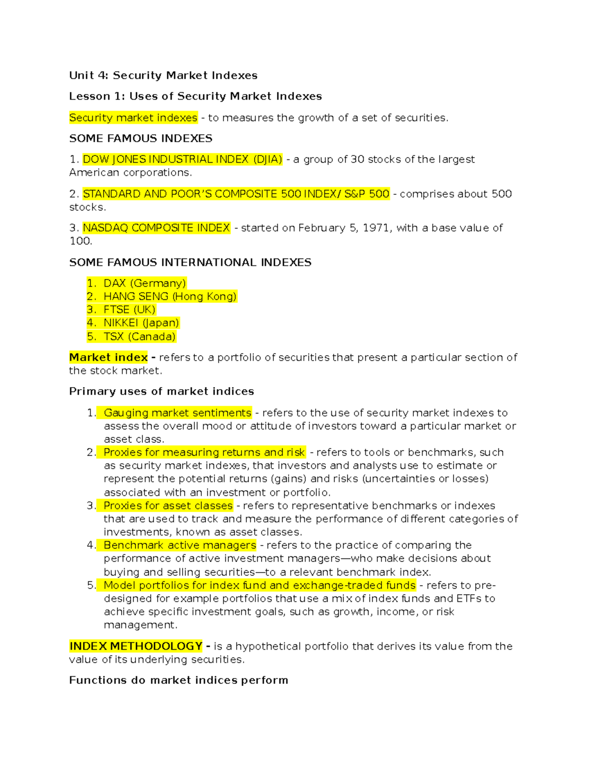 Unit IV: Comprehensive Study of Security Market Indexes & Applications ...