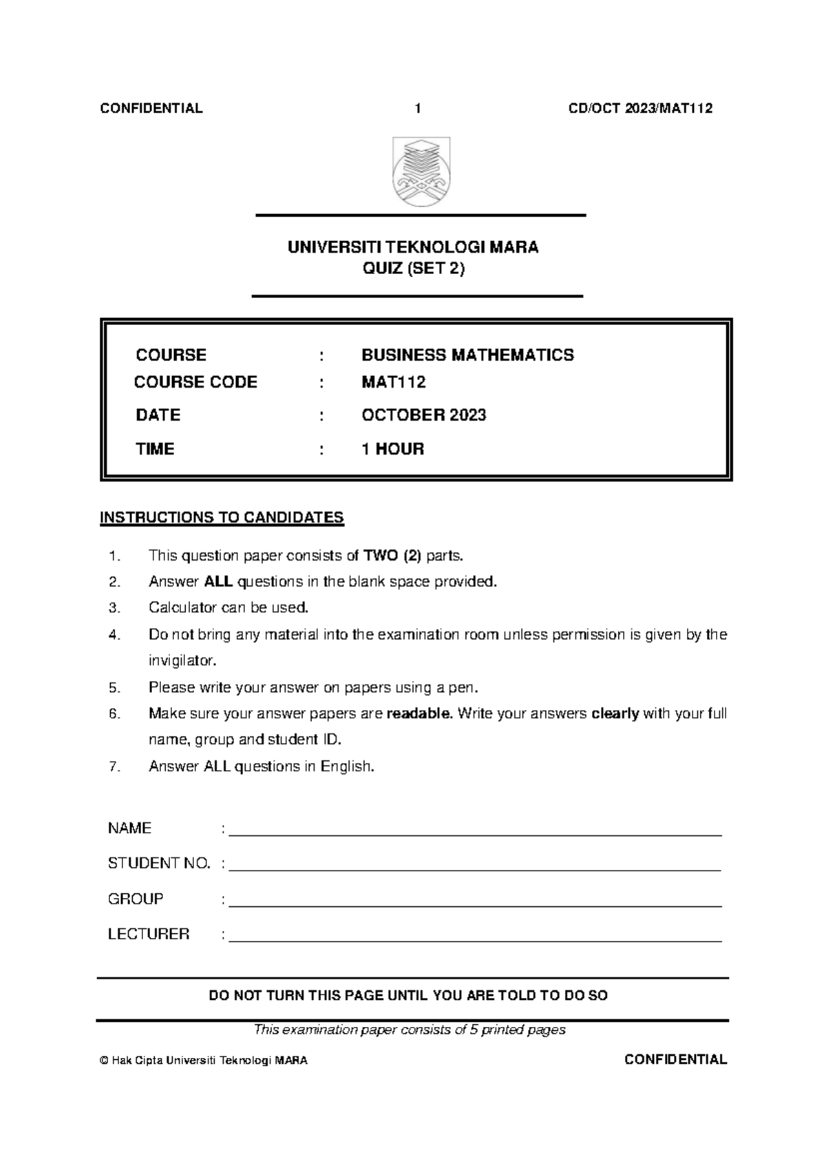 SET 2 - Business Mathematics Quiz MAT112 (October 2023) - Studocu