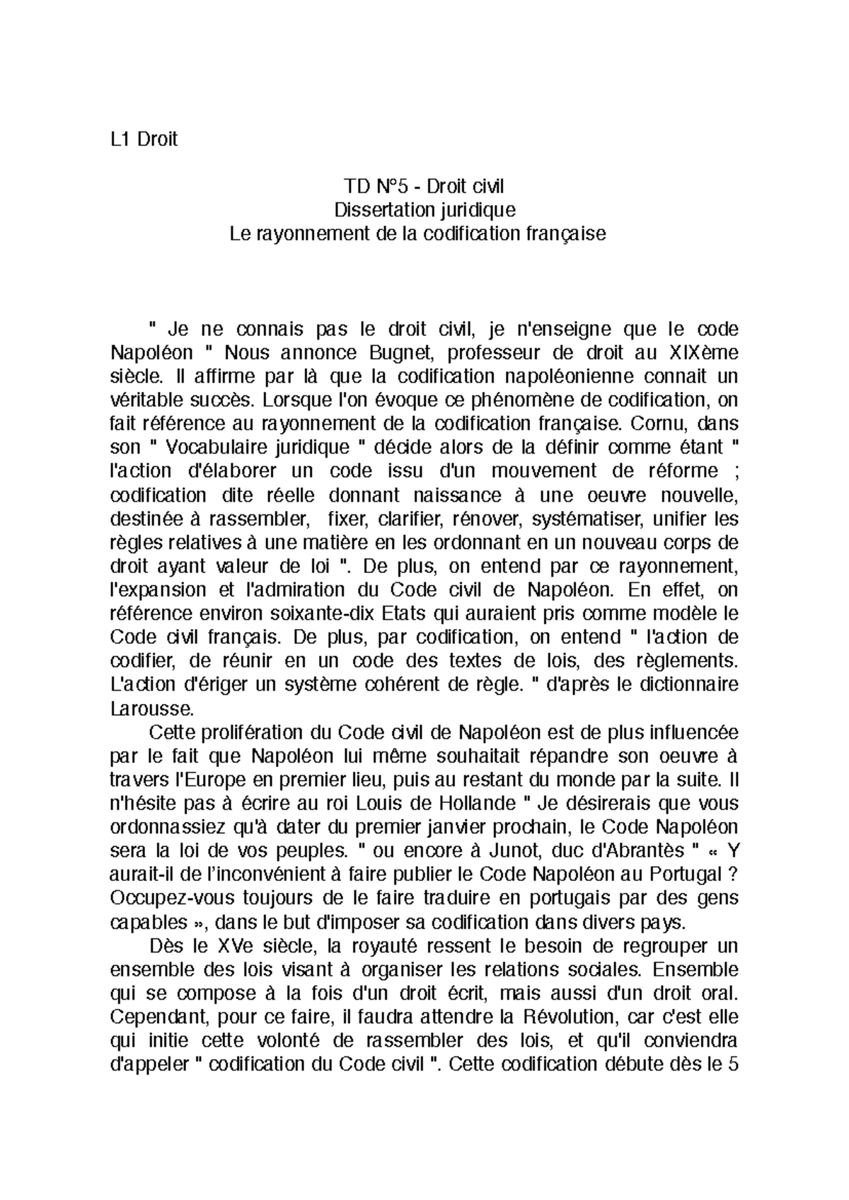 TD N°5 - Dissertation sur le Rayonnement de la Codification Française ...