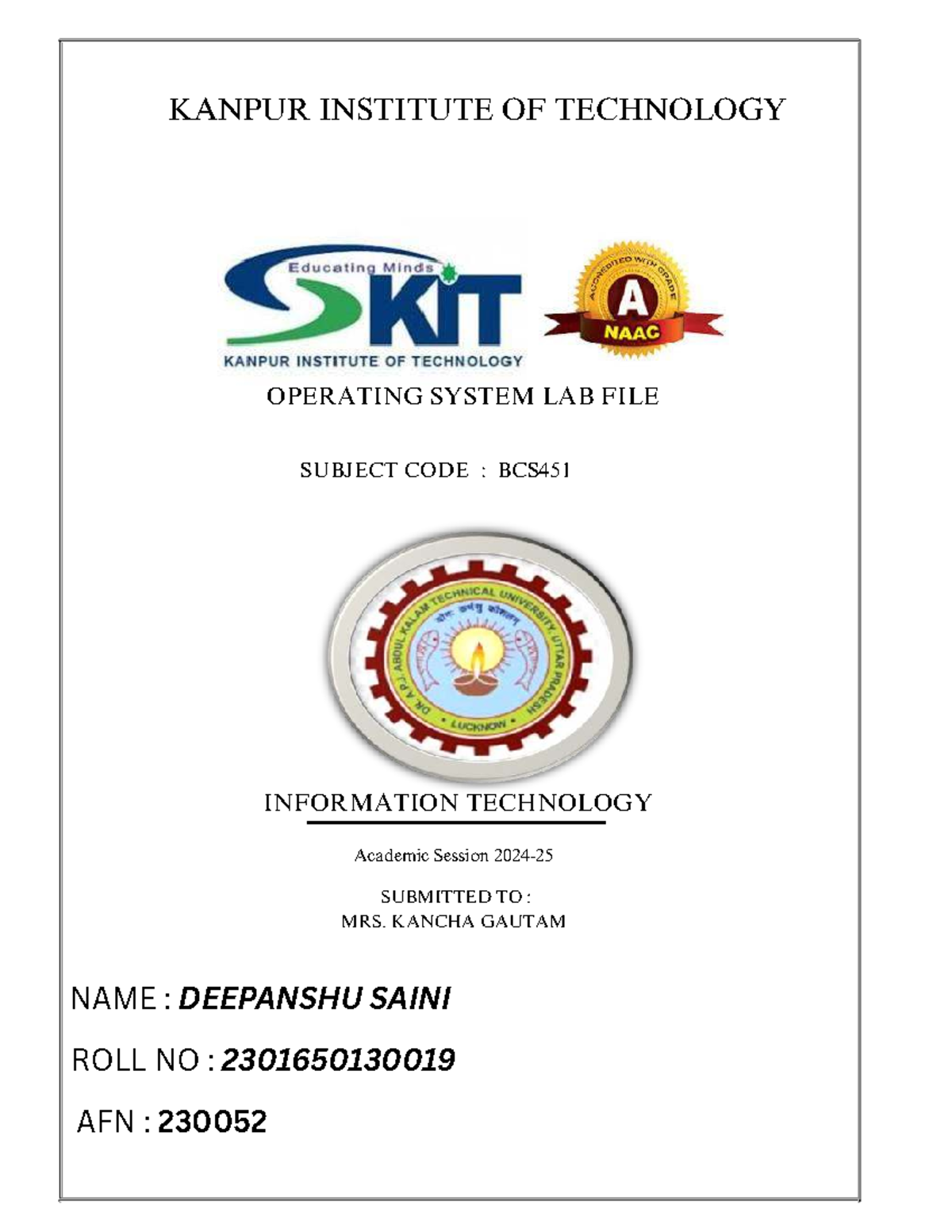 Front PAGE - cse - B TECH - KANPUR INSTITUTE OF TECHNOLOGY OPERATING ...