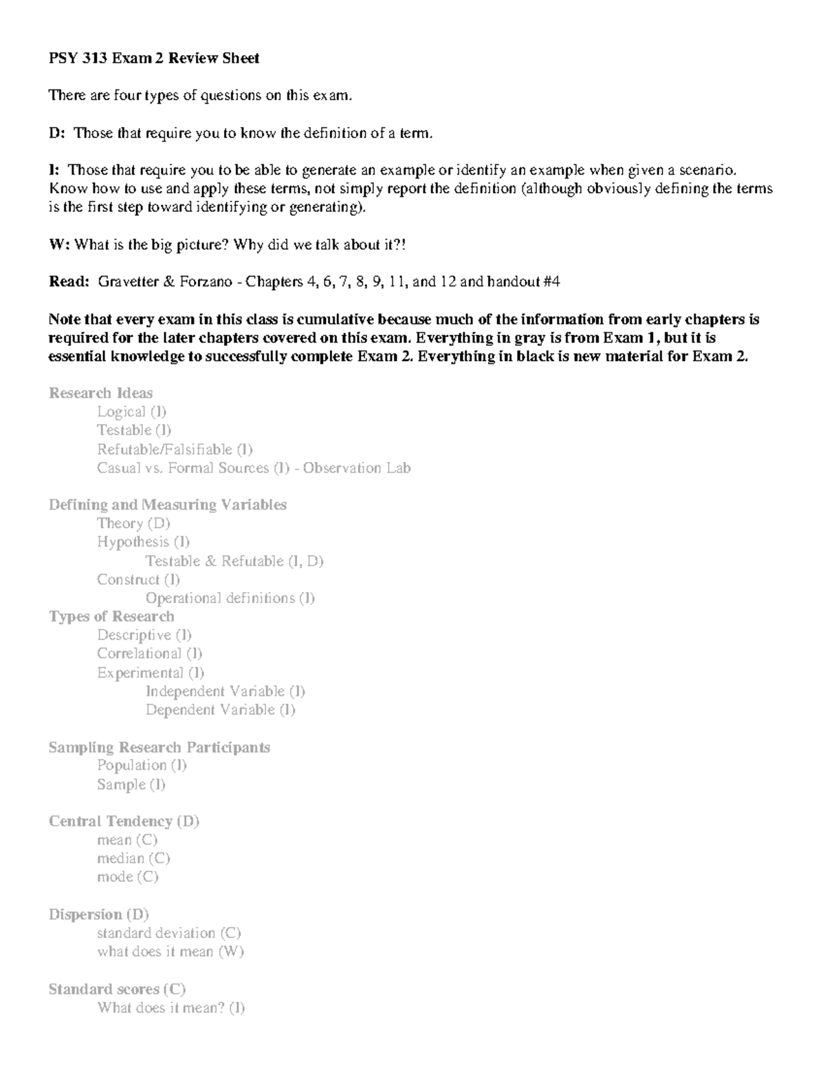 PSY 313 Exam 2 Review Sheet: Key Concepts and Preparation Guide - Studocu
