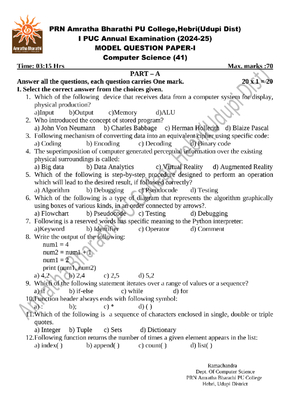 I PUC Computer Science Model Paper-1 (Final Exam) - Studocu