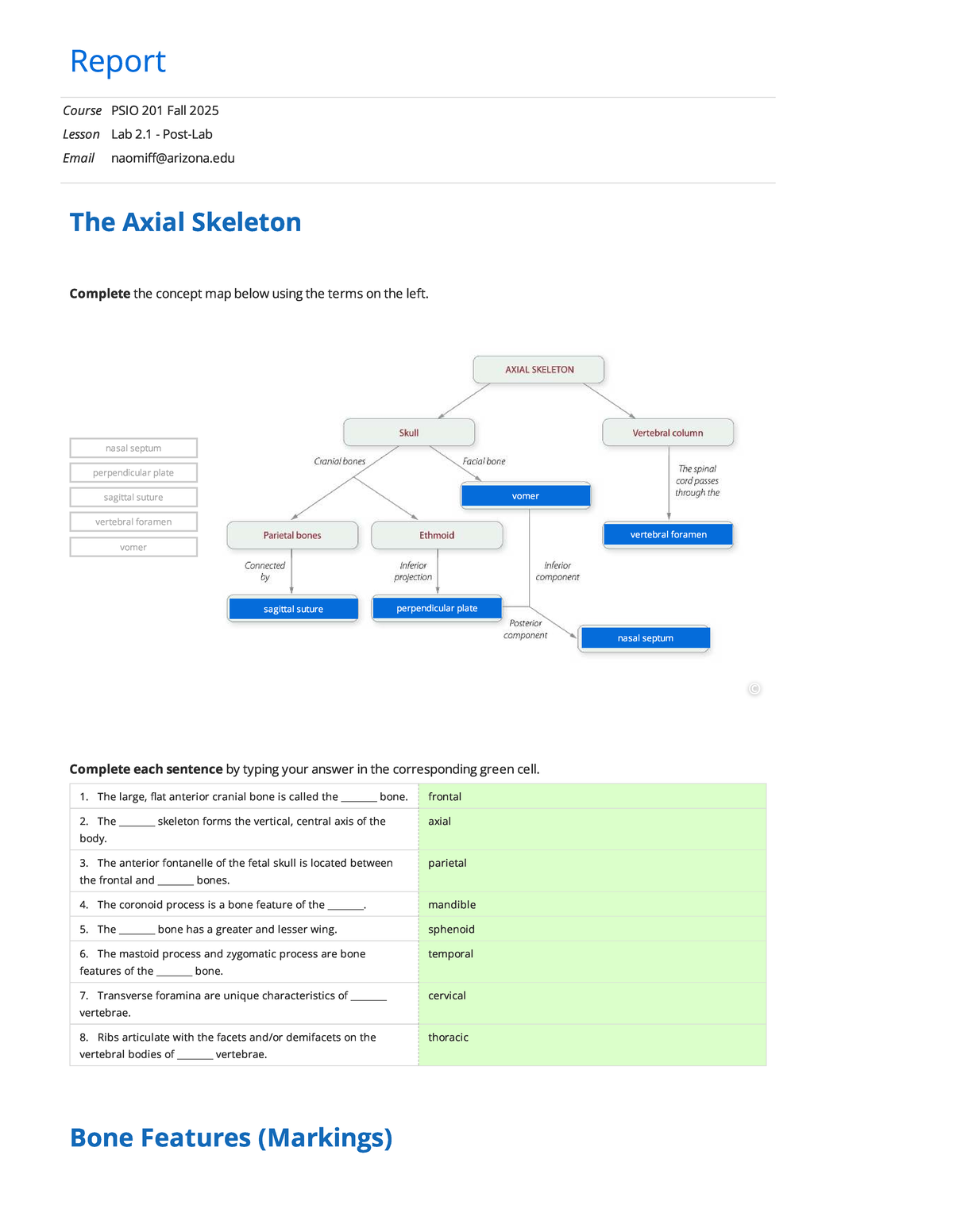 Lab Report on the Axial Skeleton: Bone Features (PSIO 201) - Studocu