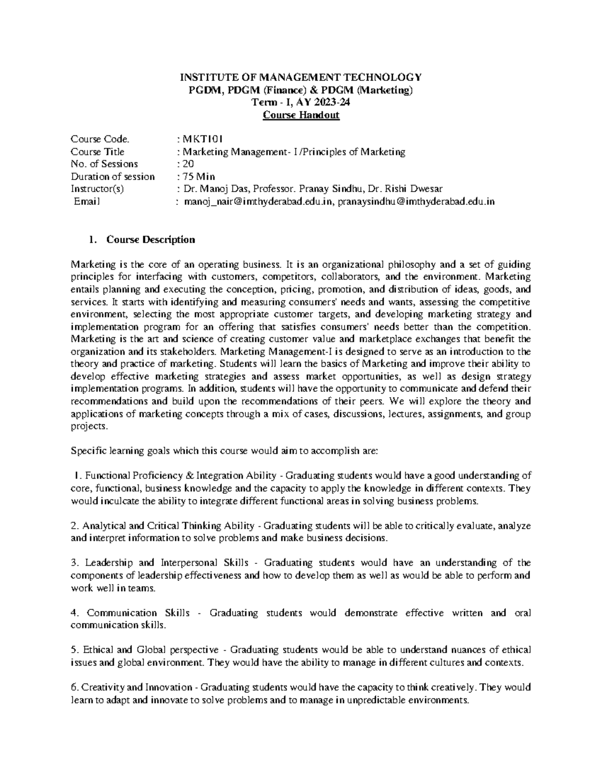 2023-MKT - Marketing Management I Course Outline & Objectives - Studocu