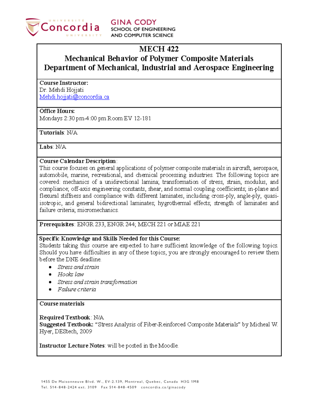 Course Outline: MECH 422 - Mechanical Behavior of Polymer Composites ...