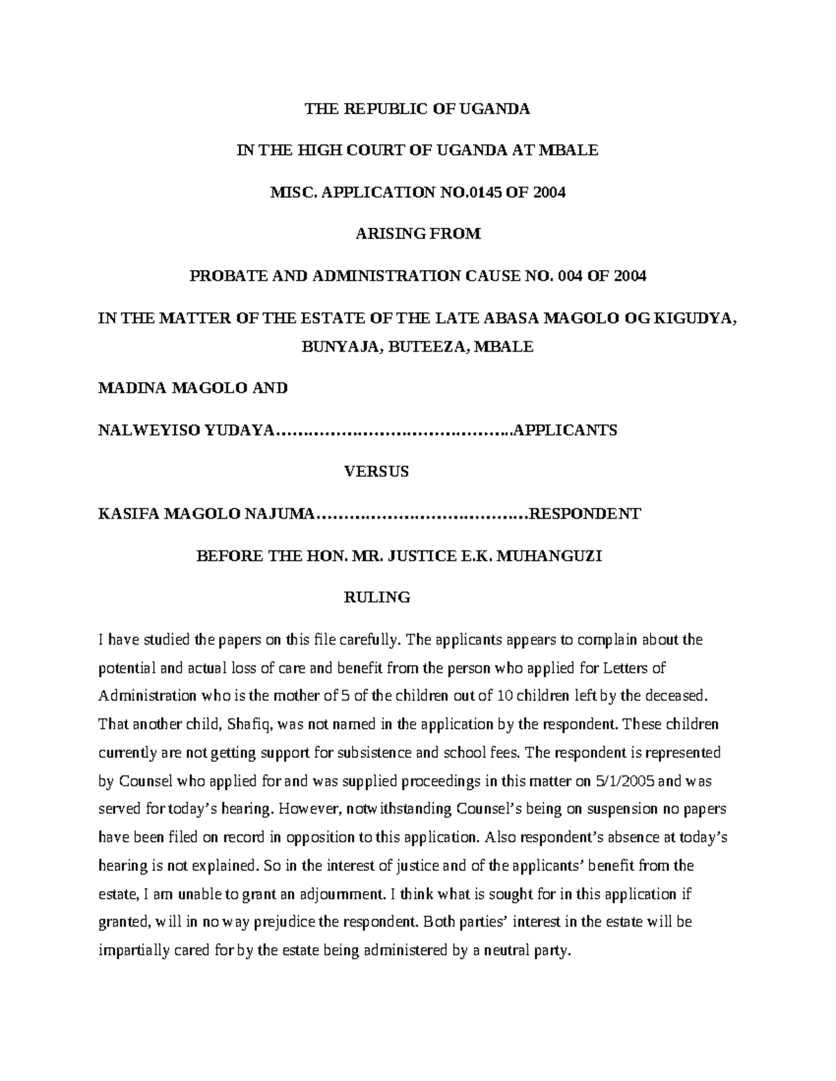 Madina Kagolo v Kasifa Magolo - THE REPUBLIC OF UGANDA IN THE HIGH ...