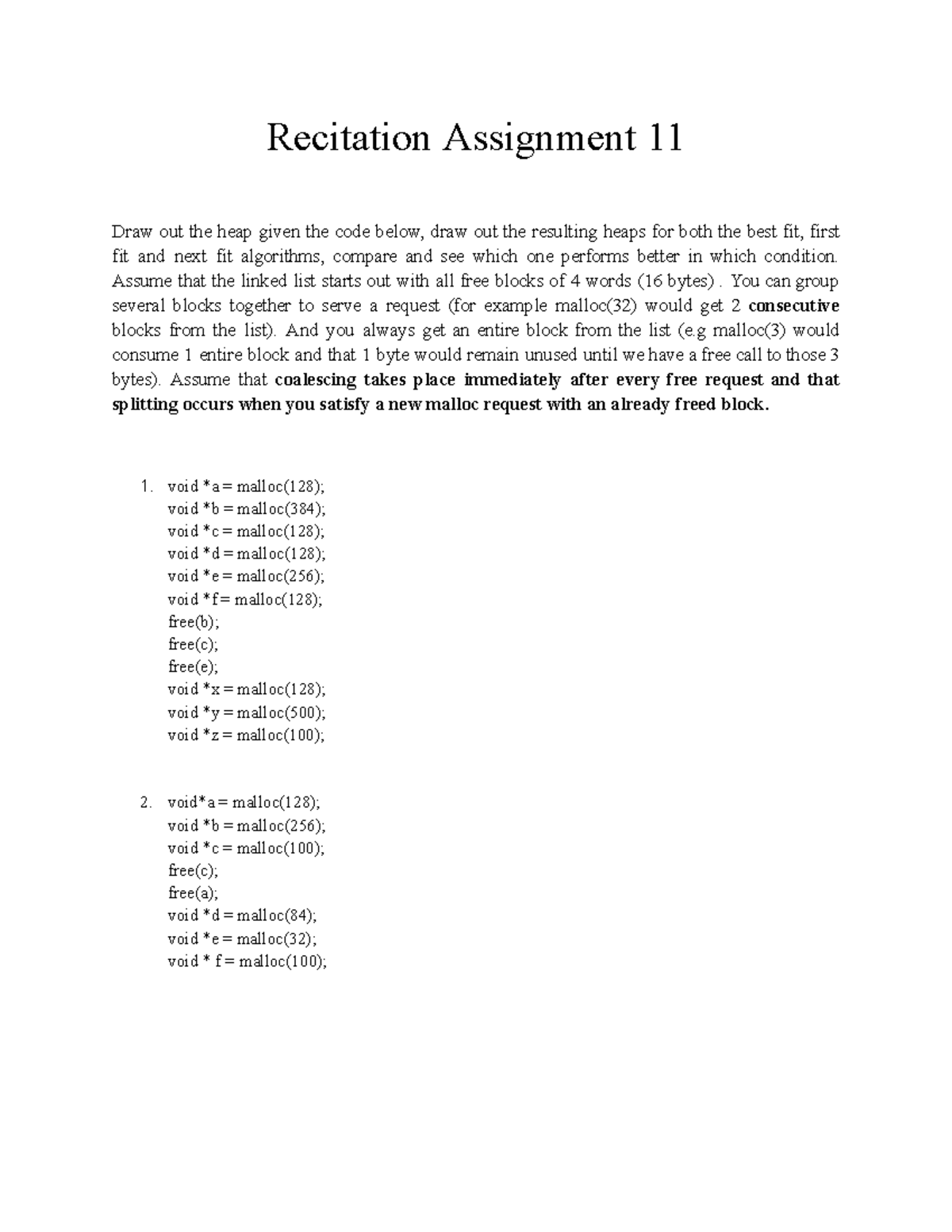 Recitation assignment 11: Analyzing heap allocation algorithms - Studocu
