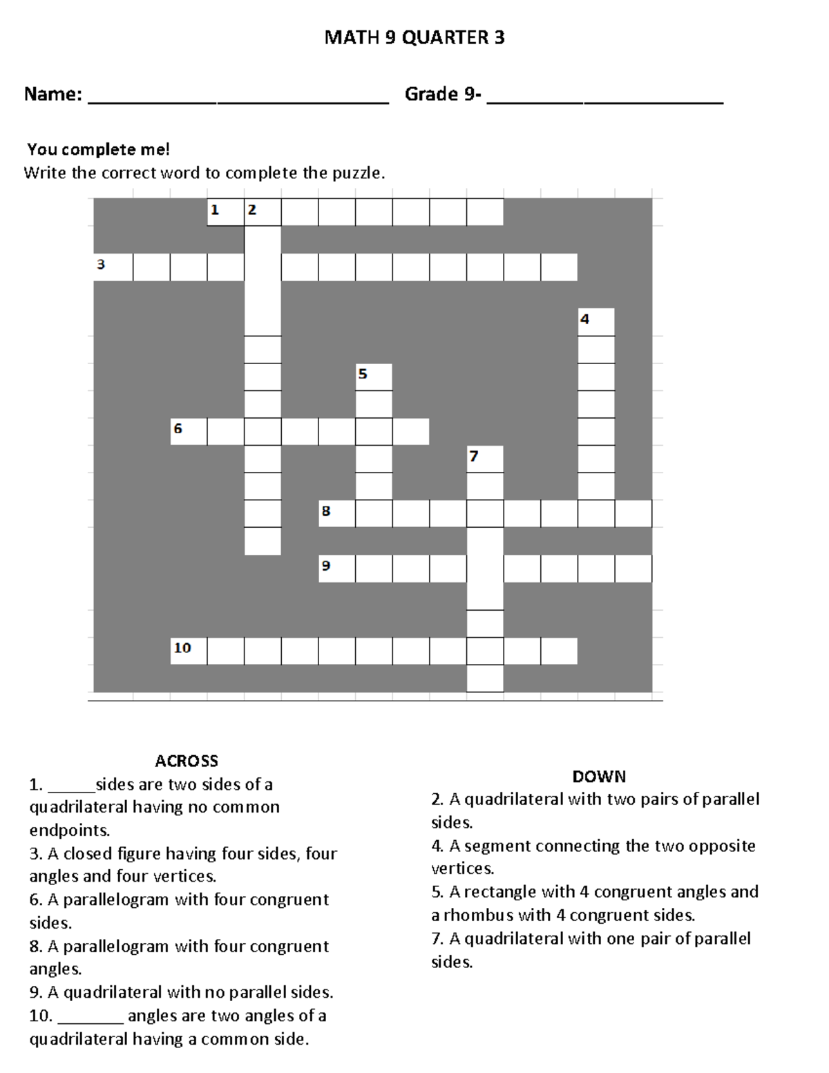 MATH 9 Q3 Puzzle Completion Activity - Studocu