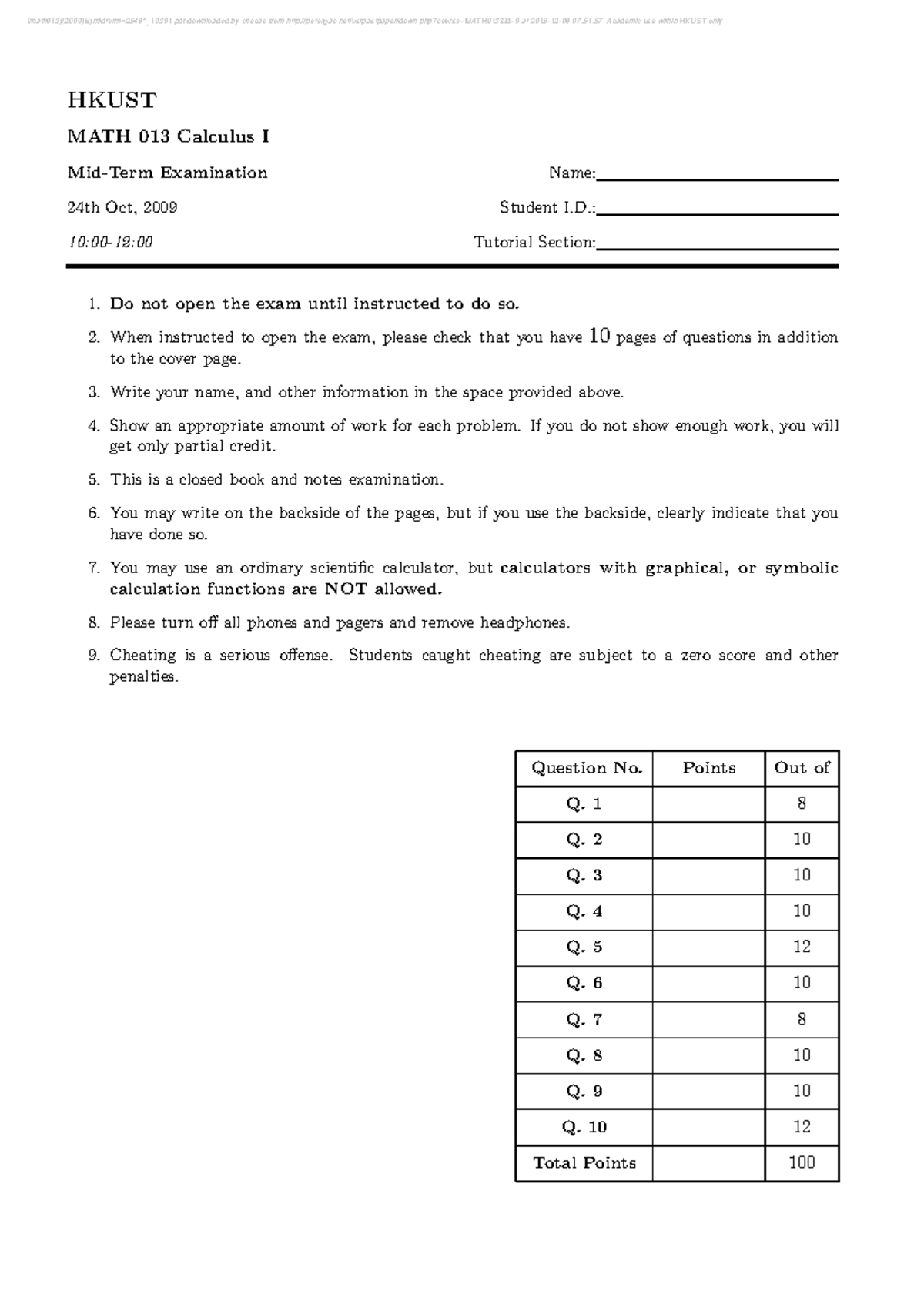 MATH 013 Fall 2009 Midterm Exam - Calculus I Questions and Guidelines ...