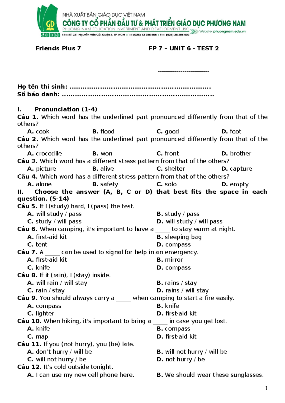 Ôn Tập Giữa Học Kỳ II - FP 7 UNIT 6 TEST 2 - Studocu