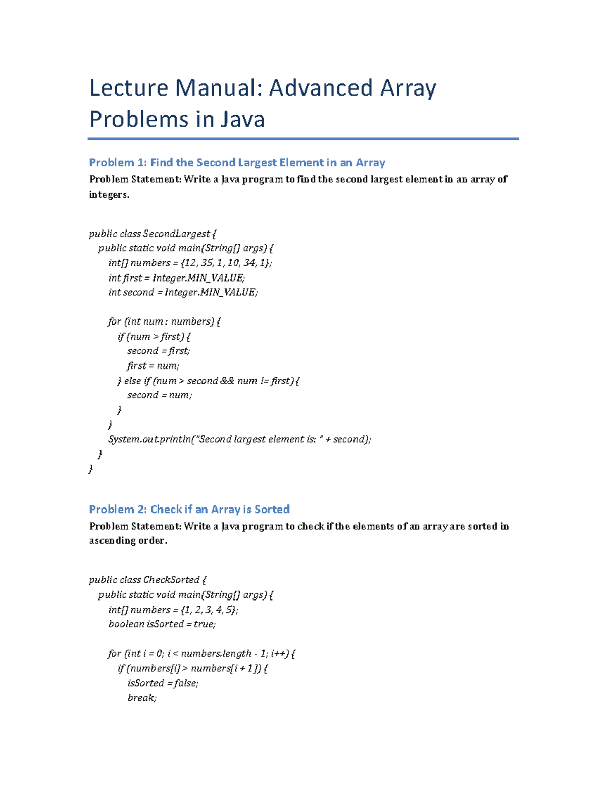 Lecture 4.2 More of Arrays - Lecture Manual: Advanced Array Problems in ...