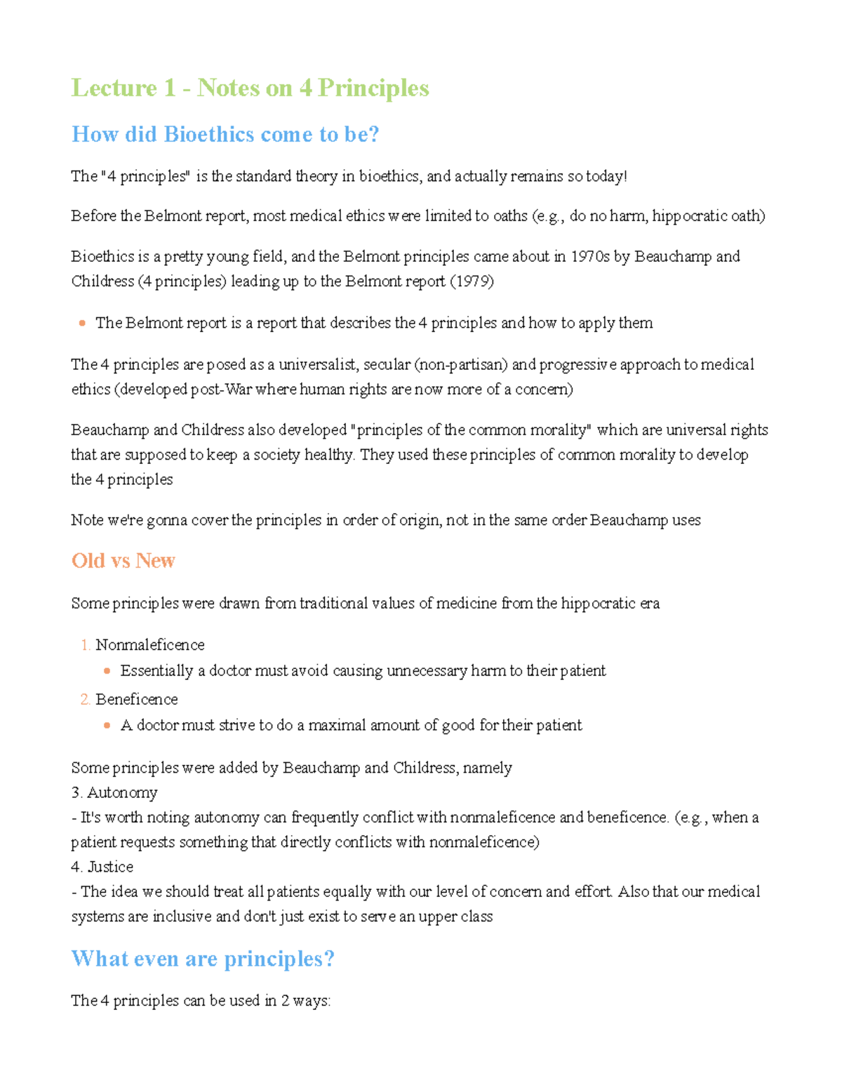 Lecture 1 Notes: The 4 Principles of Bioethics Explained - Studocu